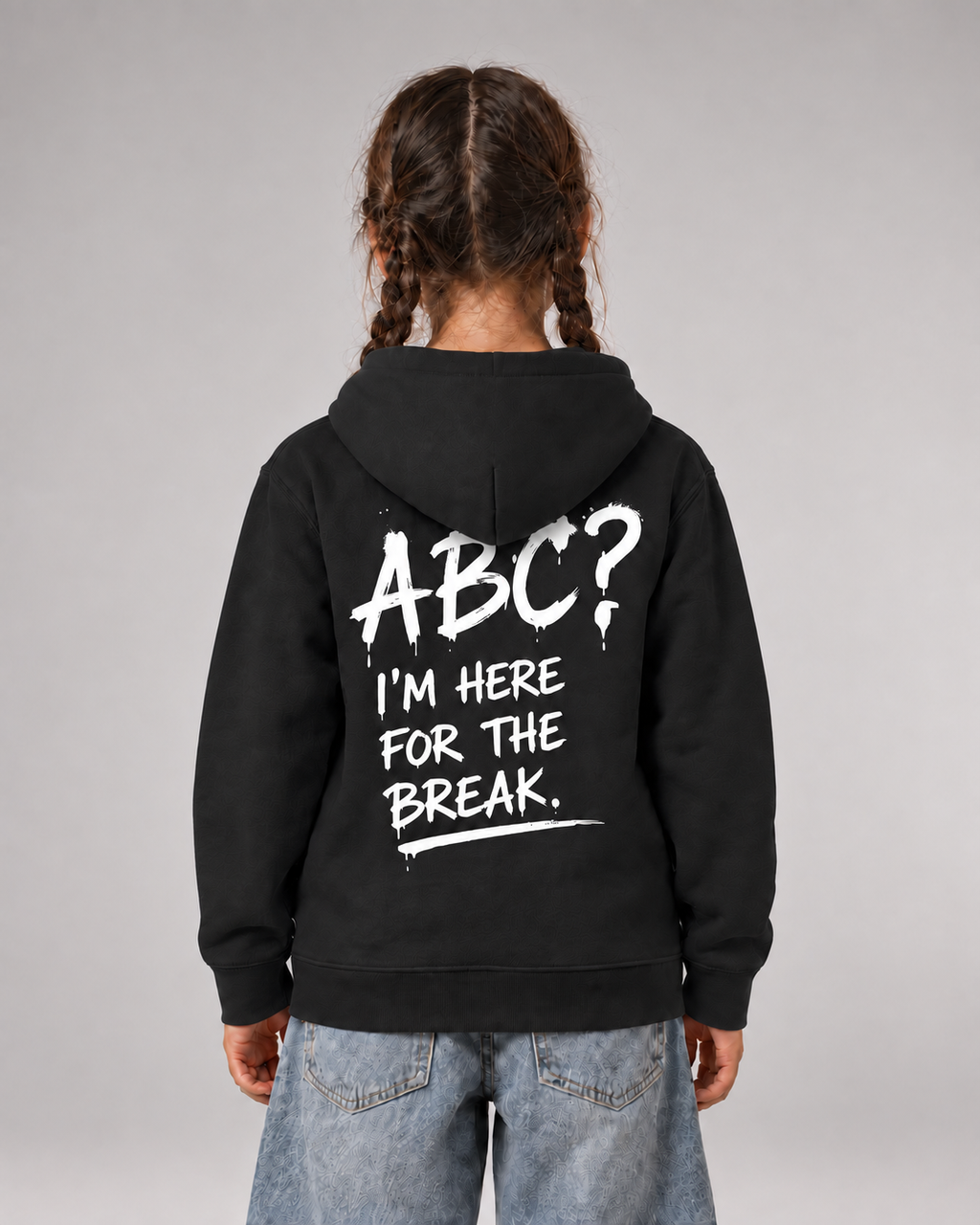 ABC? Kids Hoodie Black – Rückenansicht getragen