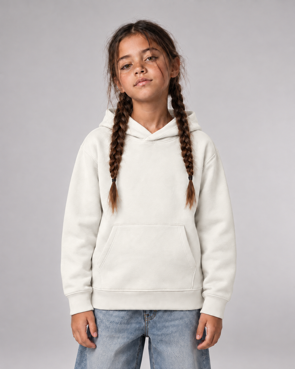ABC? Kids Hoodie Ivory – Frontansicht getragen