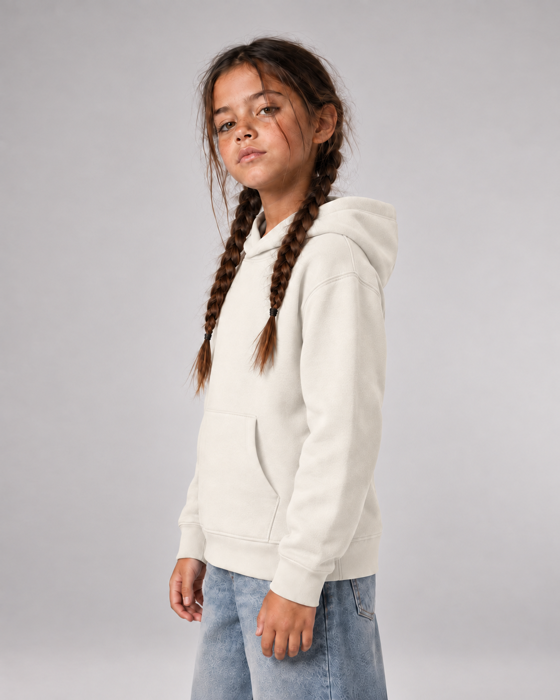 ABC? Kids Hoodie Ivory – Seitenansicht und Passform