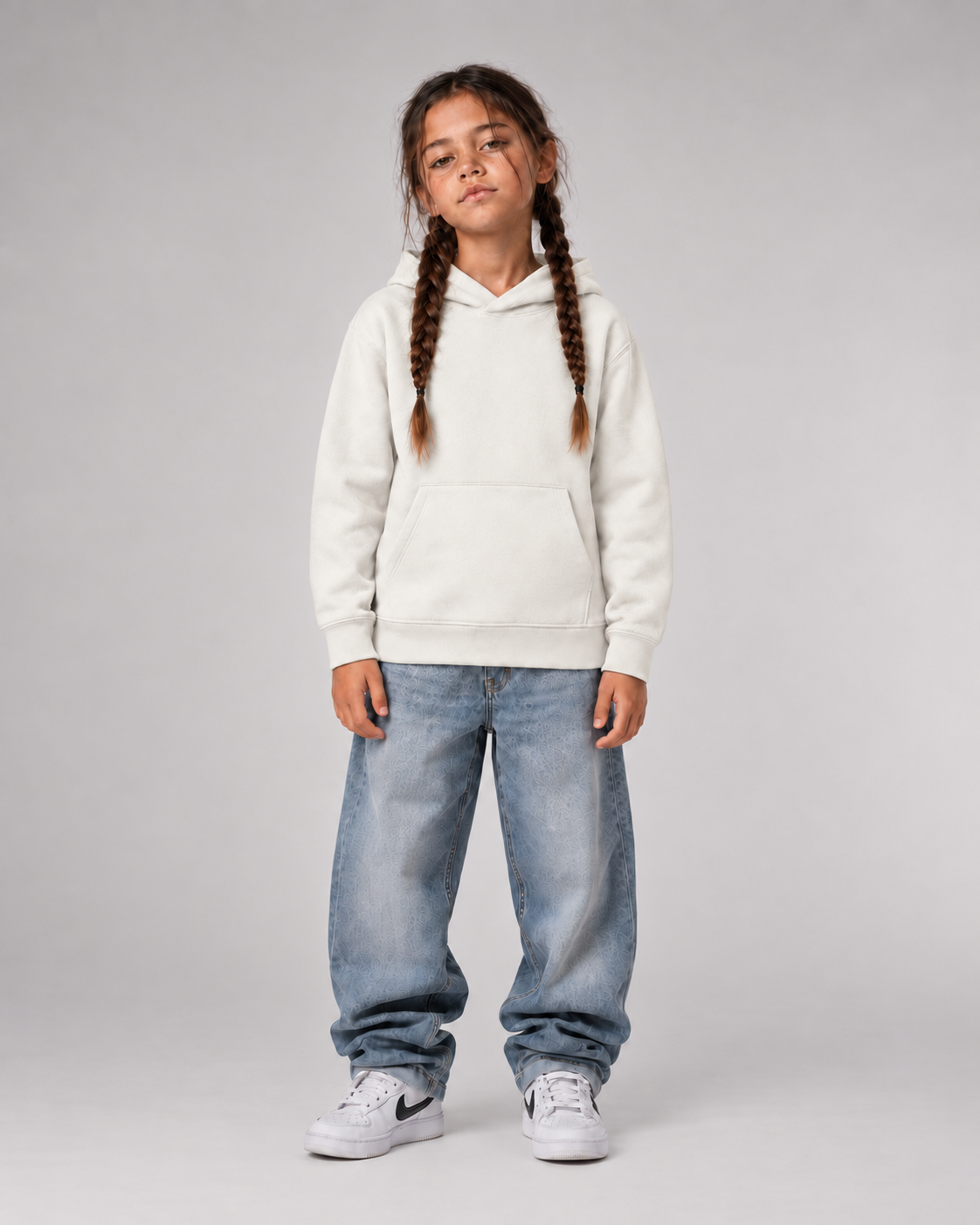 ABC? Kids Hoodie Ivory – Fullbody Frontansicht