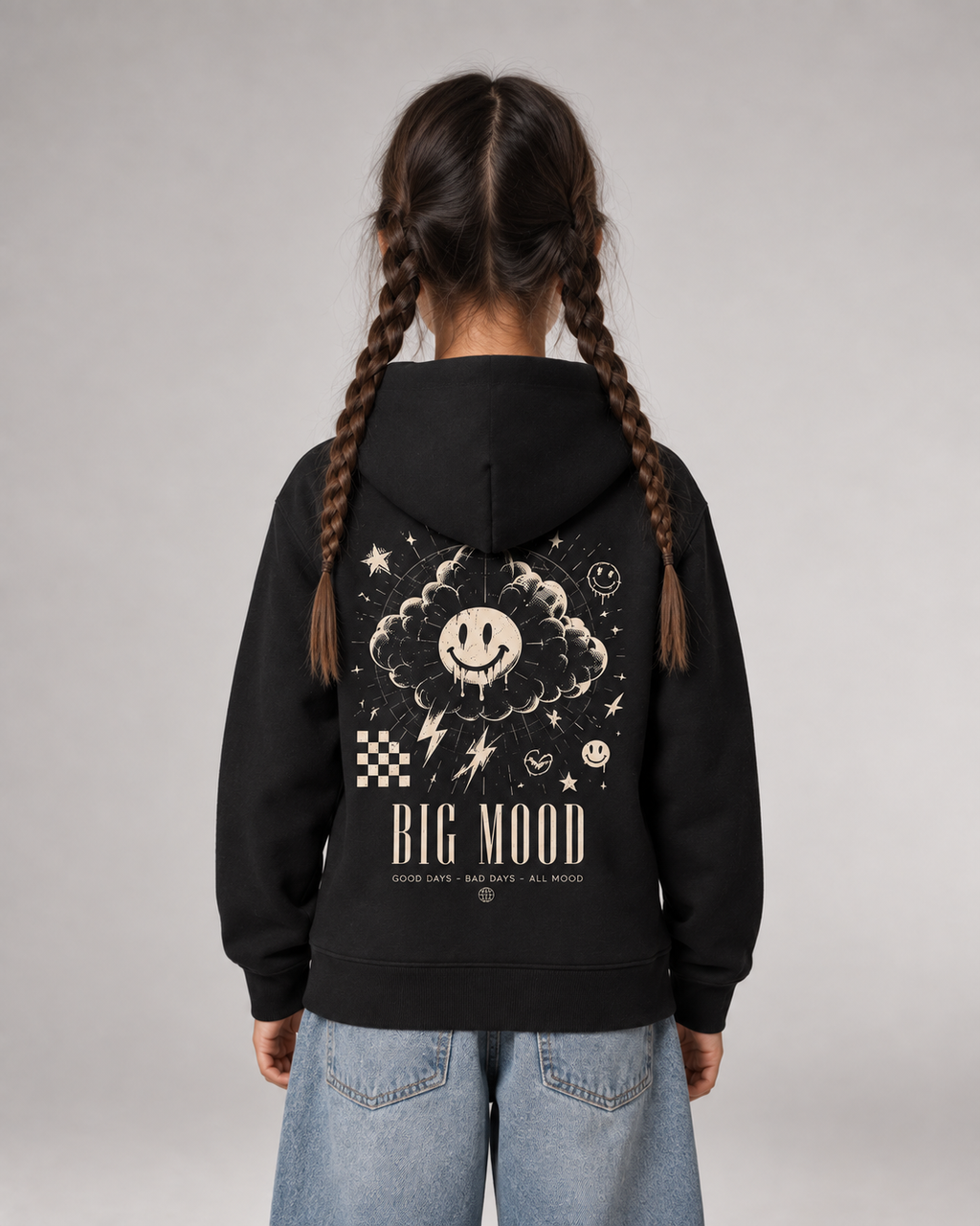 BIG MOOD Kids Hoodie Black – Rückenansicht getragen