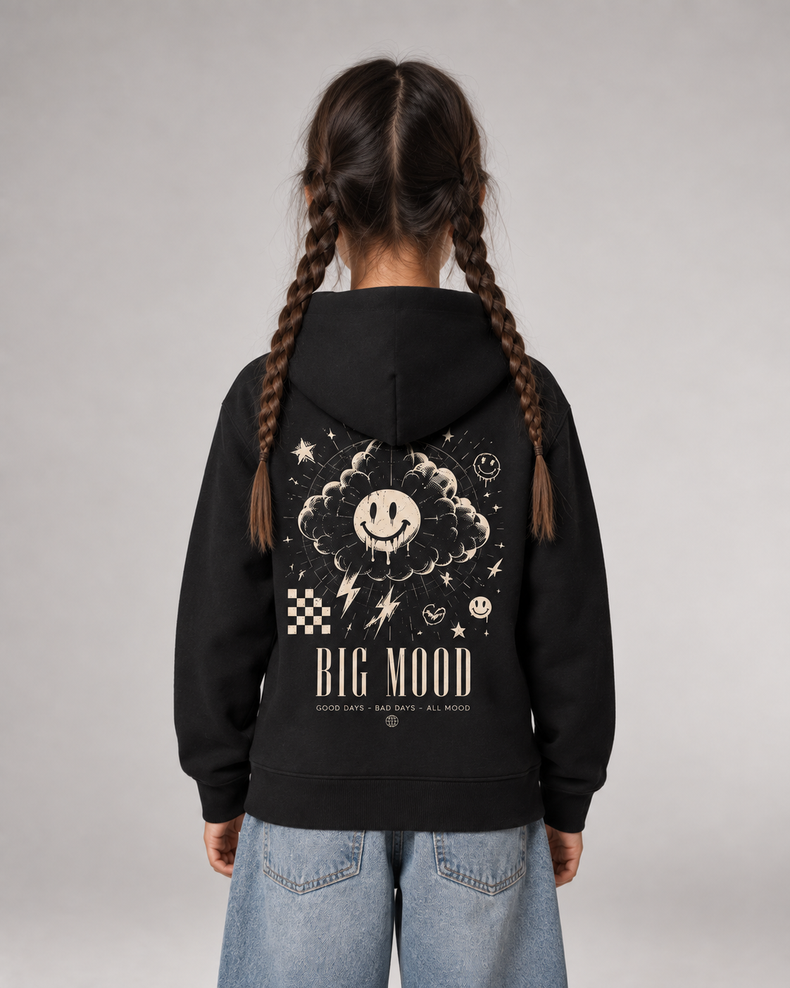 BIG MOOD Kids Hoodie Black – Rückenansicht getragen