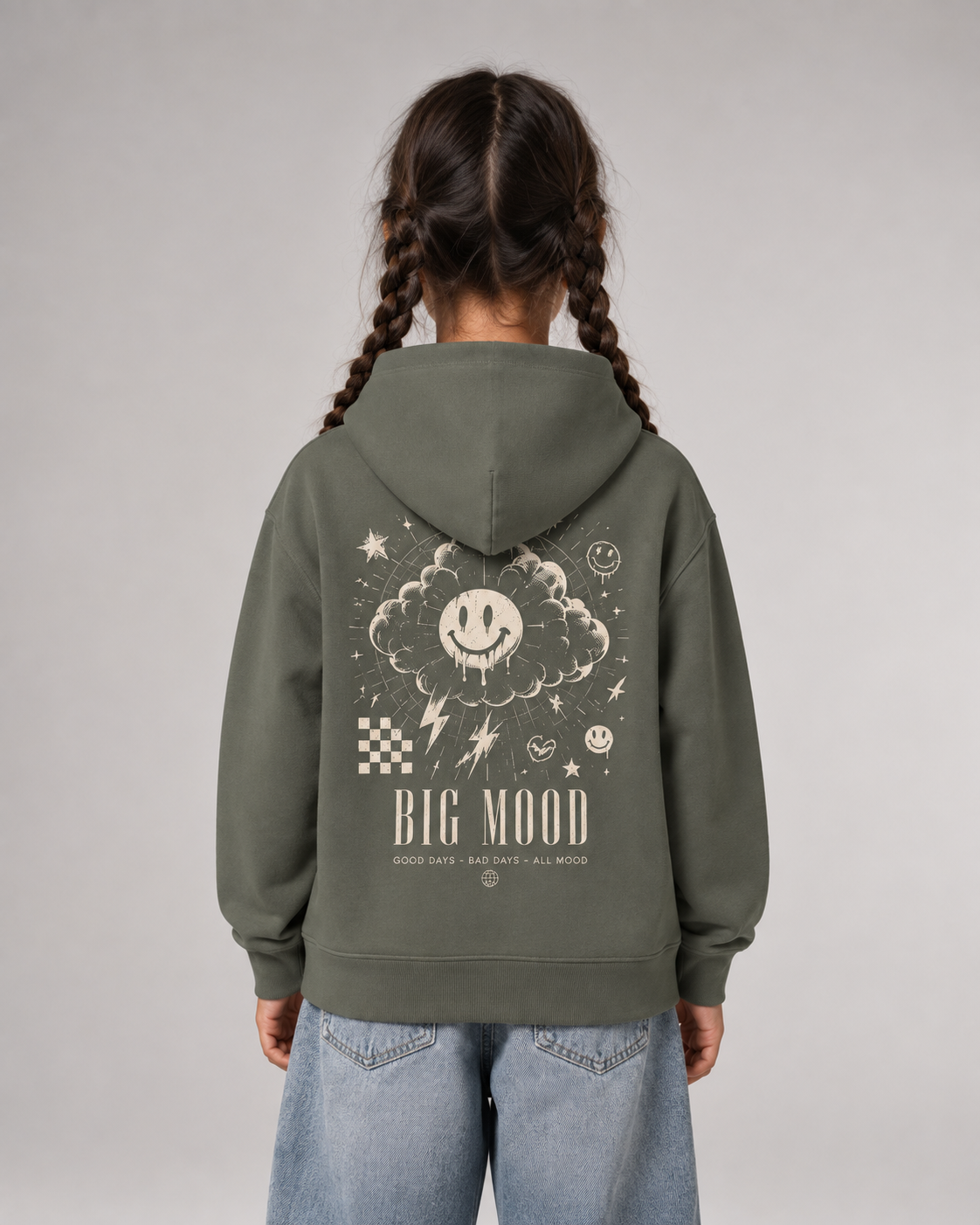 BIG MOOD Kids Hoodie Organic Khaki – Rückenansicht getragen
