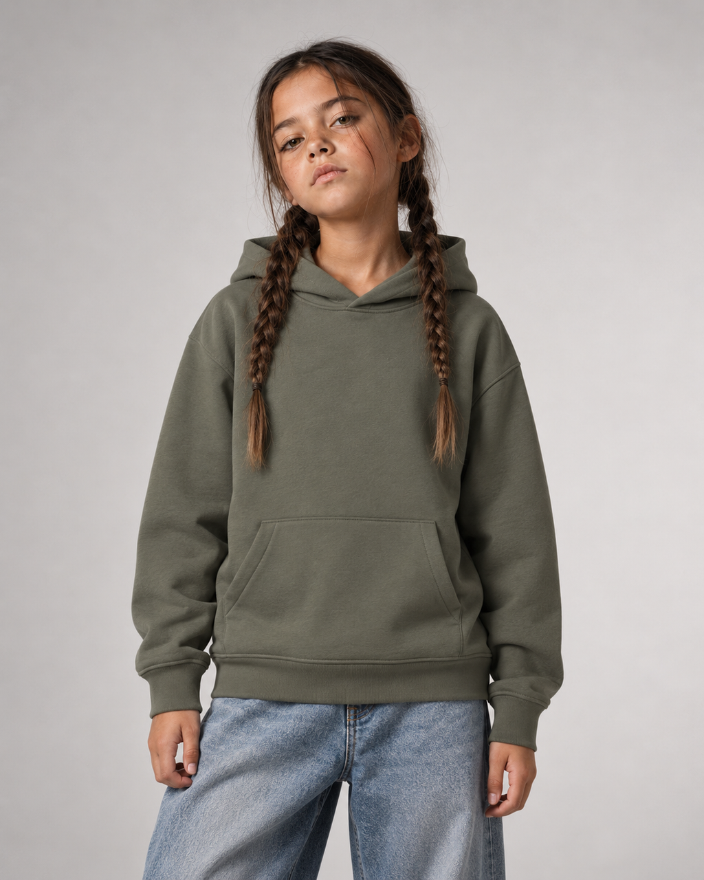 BIG MOOD Kids Hoodie Organic Khaki – Frontansicht getragen