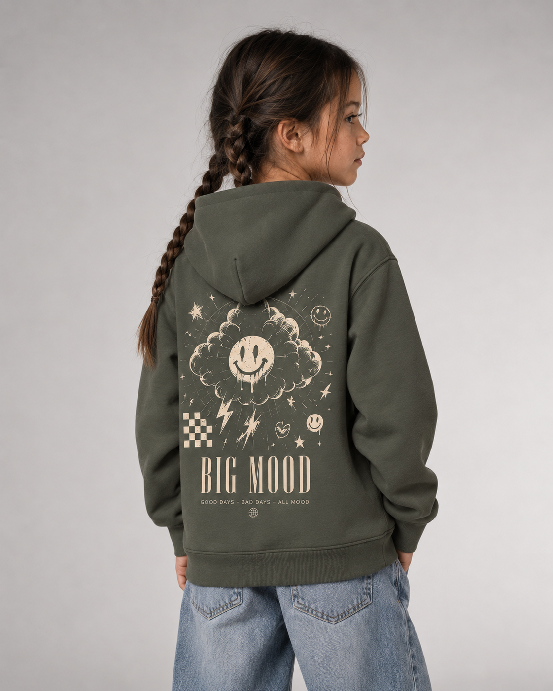 BIG MOOD Kids Hoodie Organic Khaki – Dreiviertel-Rückenansicht