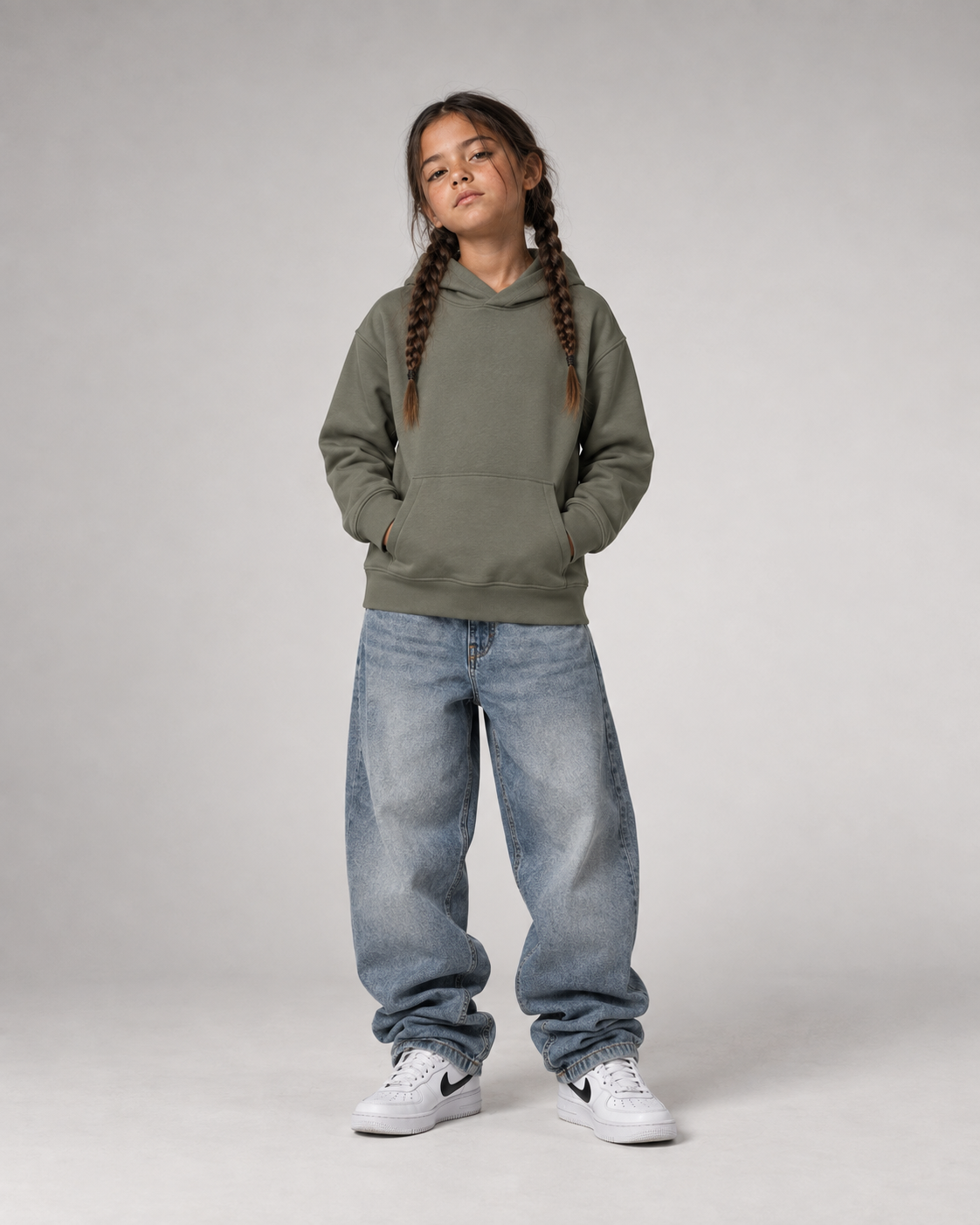BIG MOOD Kids Hoodie Organic Khaki – Frontansicht Fullbody