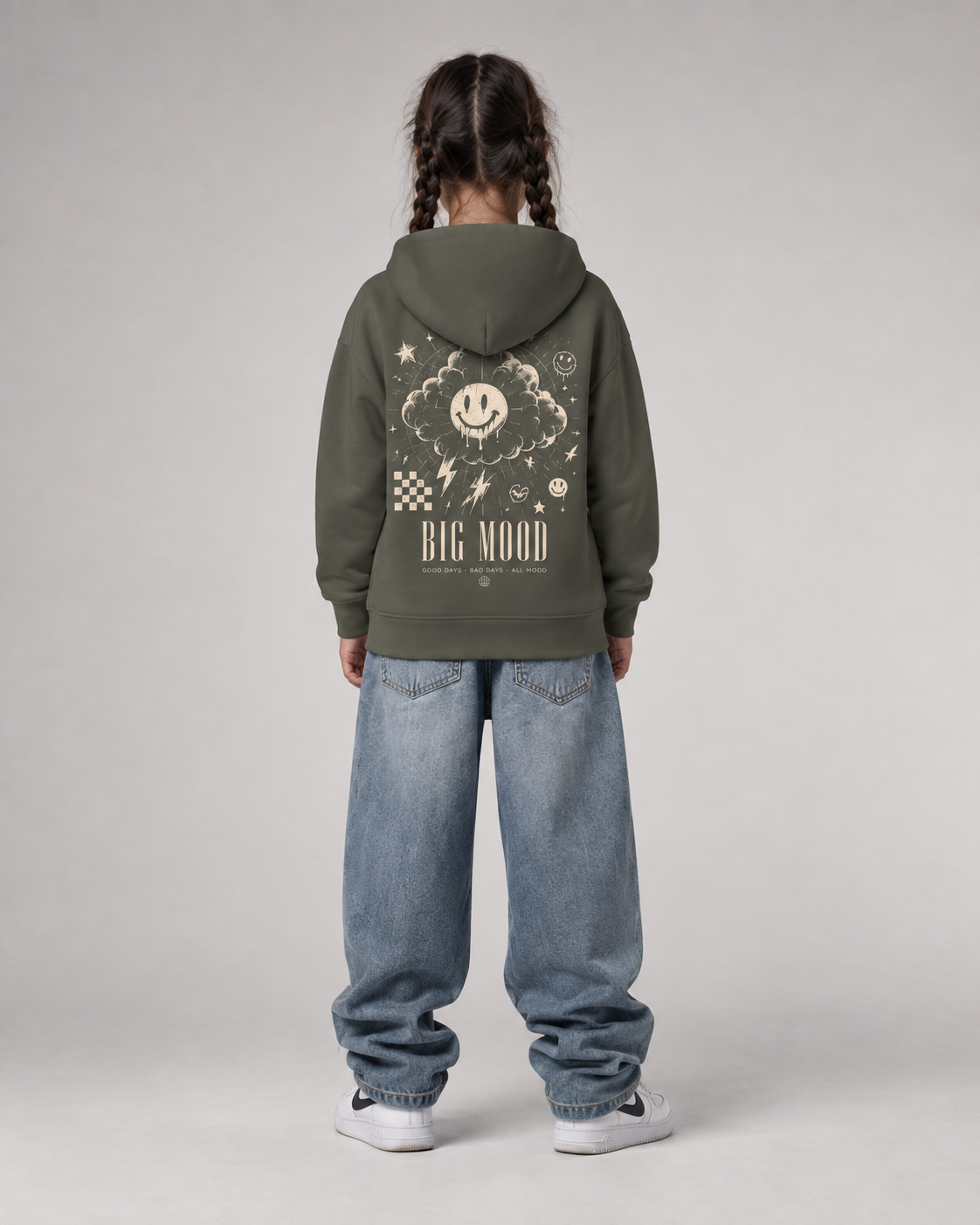 BIG MOOD Kids Hoodie Organic Khaki – Rückenansicht Fullbody