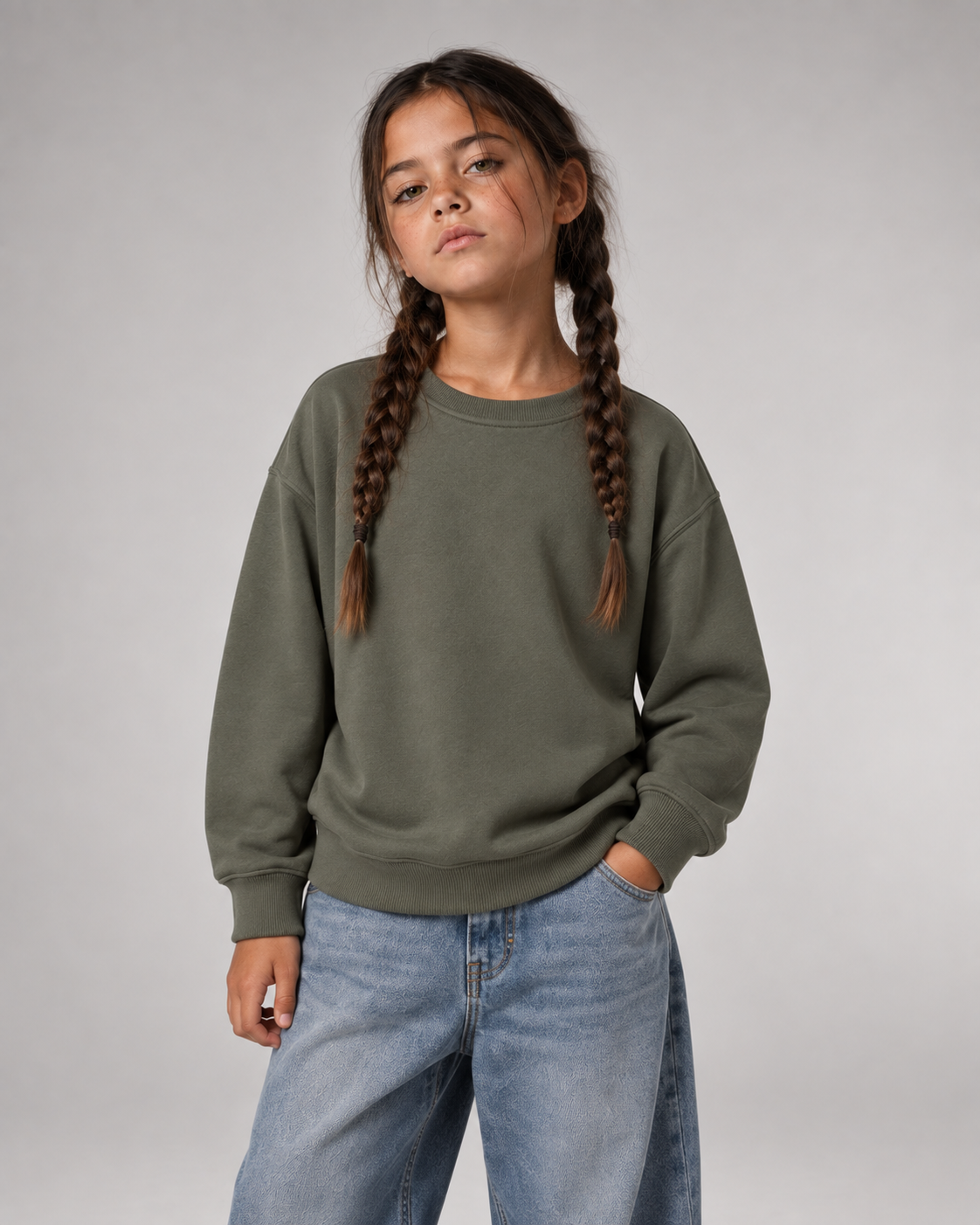 BELOUD Big Mood Kids Sweater Organic Khaki – Vorderansicht getragen