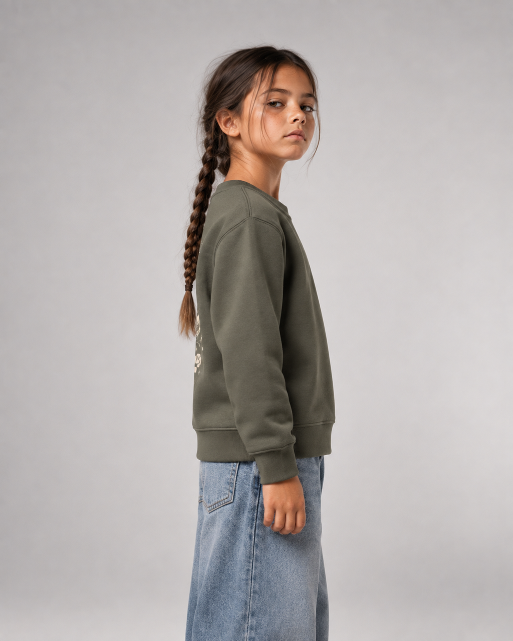 BELOUD Big Mood Kids Sweater Organic Khaki – Seitenansicht und Passform