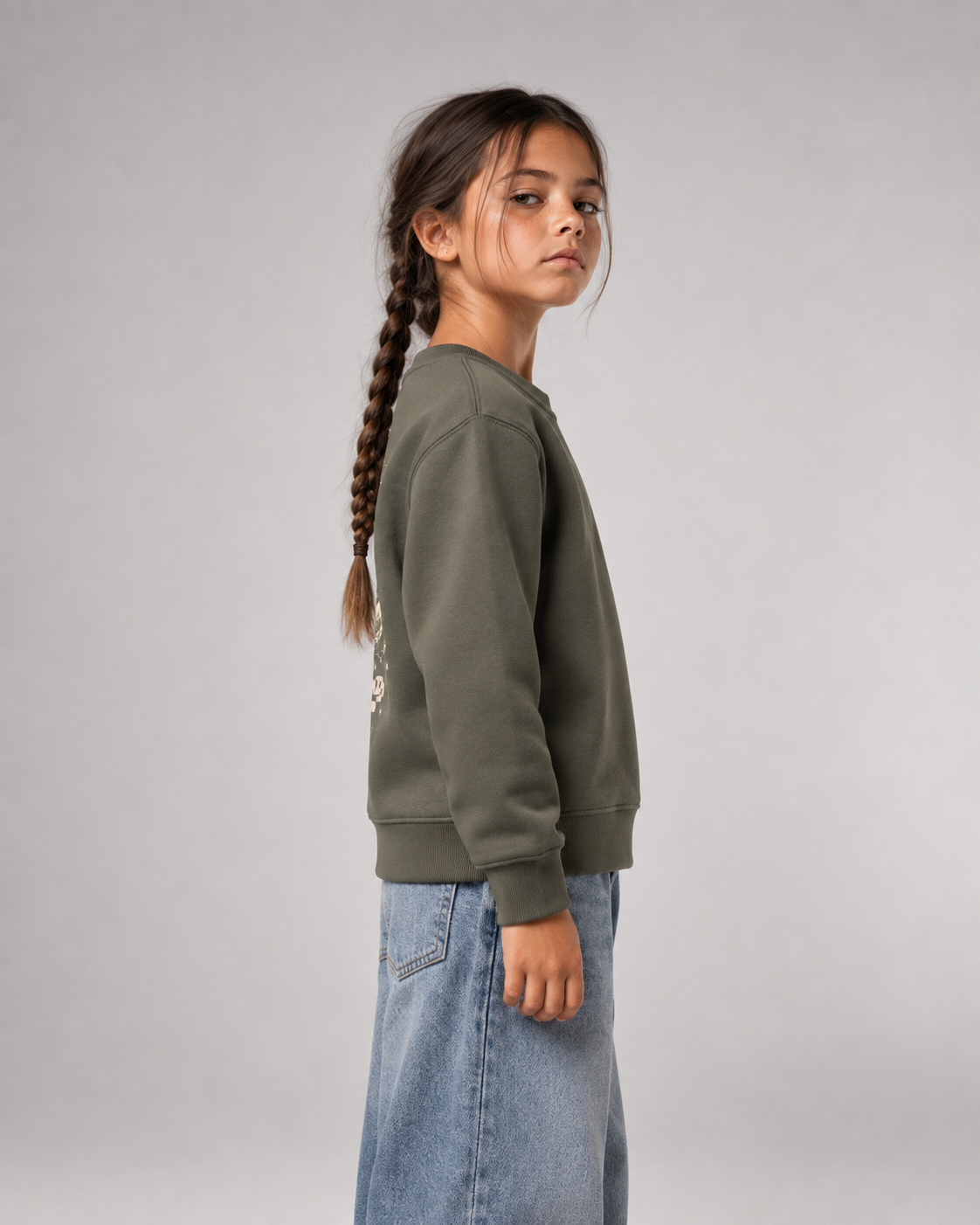 BELOUD Big Mood Kids Sweater Organic Khaki – Seitenansicht und Passform