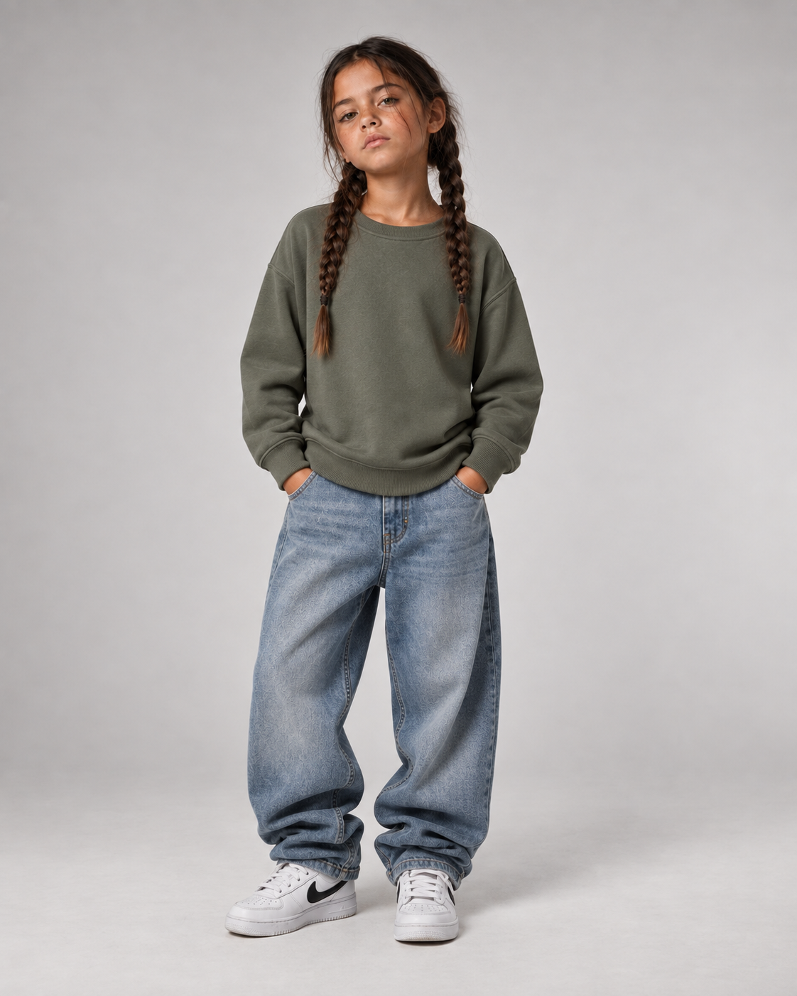 BELOUD Big Mood Kids Sweater Organic Khaki – Ganzkörper Vorderansicht