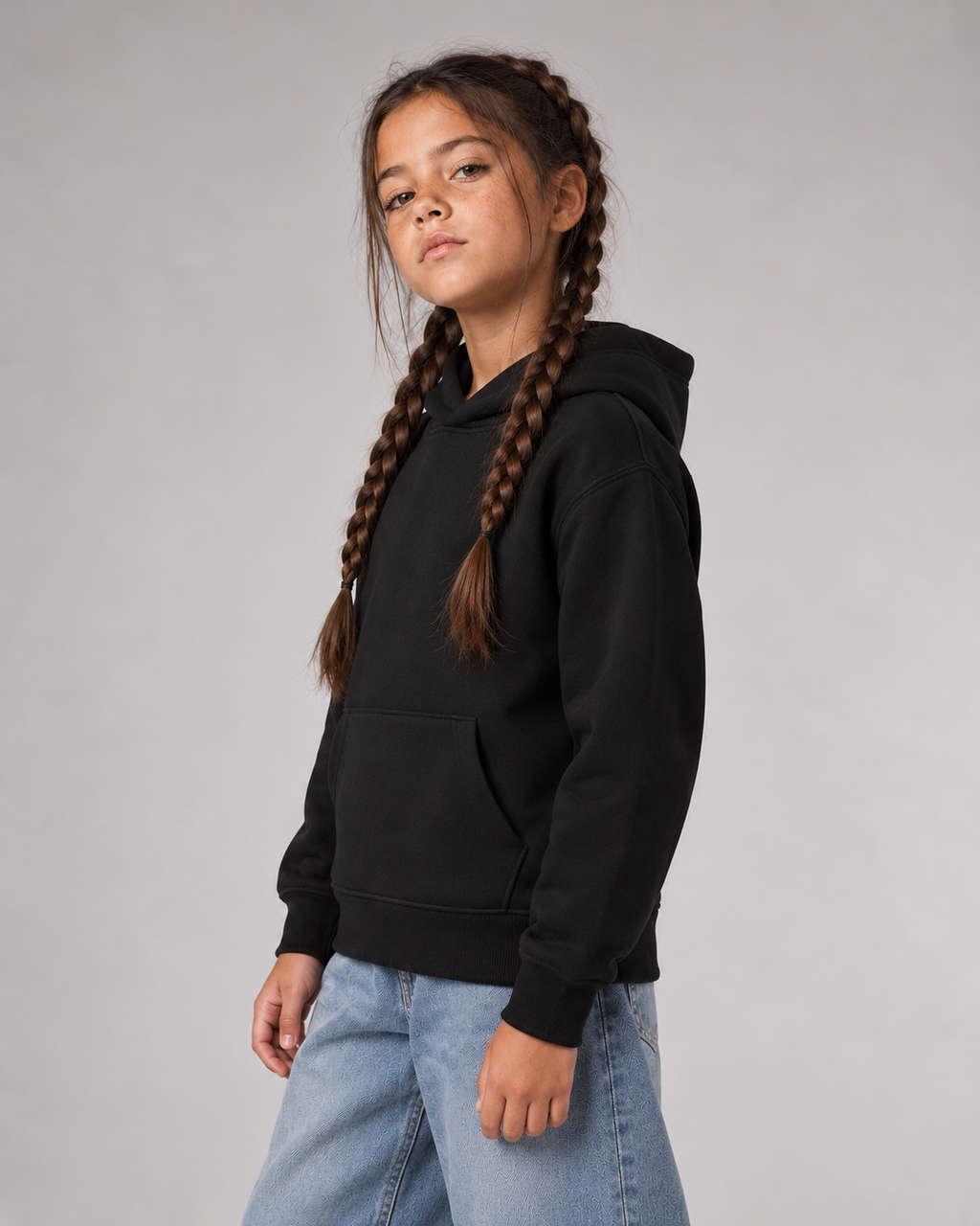 BELOUD Birthday Kids Hoodie in Black – Seitenansicht mit Ärmeln und Bündchen