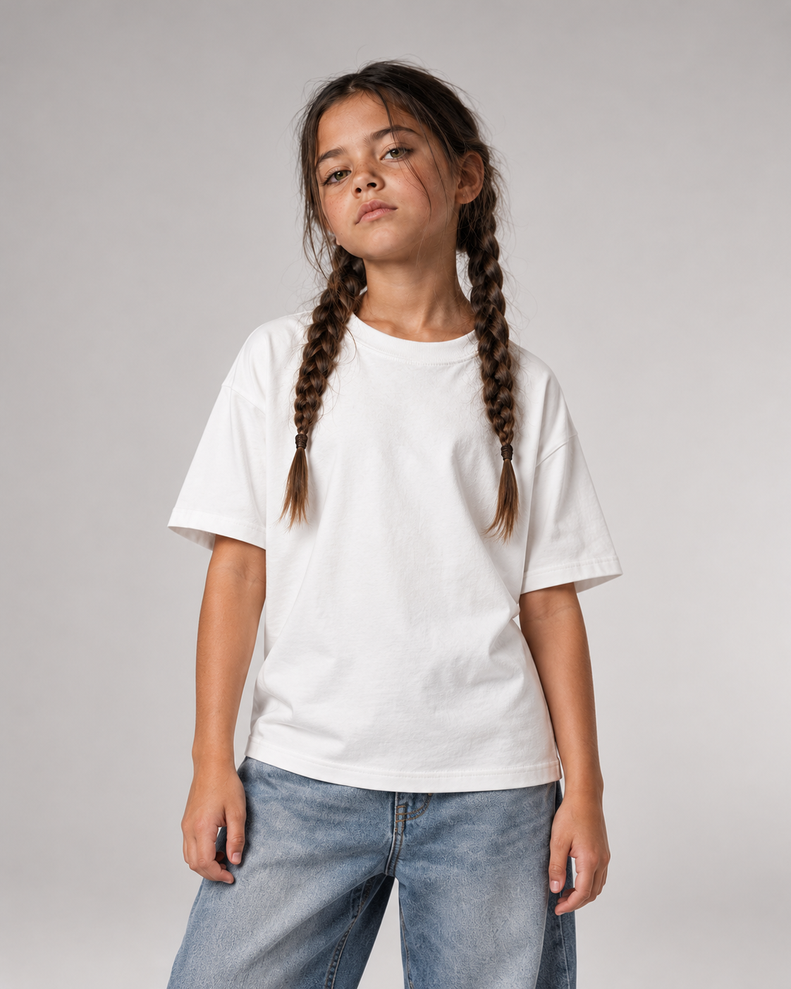 BIRTHDAY Kinder T-Shirt in Weiß, Vorderansicht mit geflochtenen Zöpfen