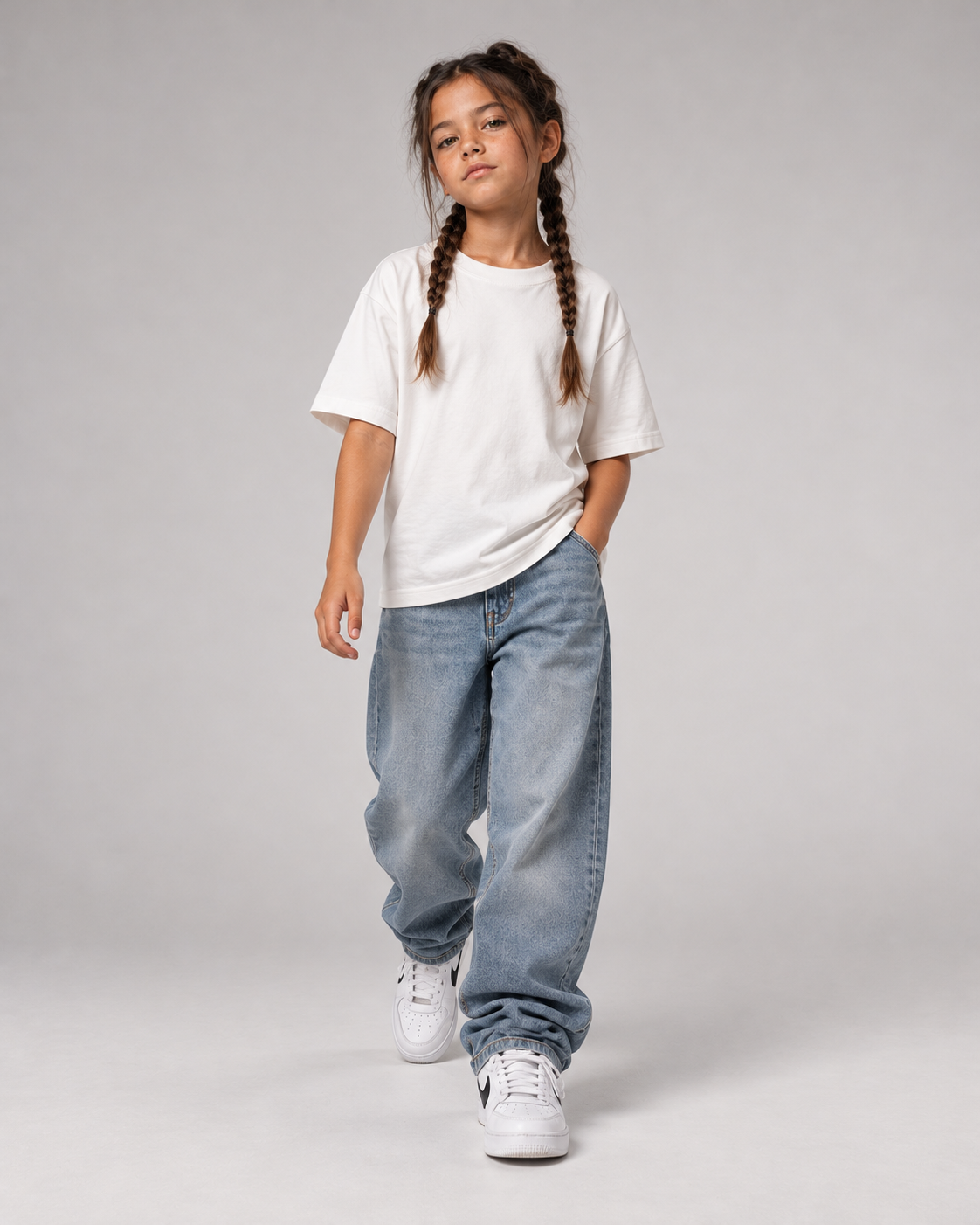 BIRTHDAY Kinder T-Shirt in Weiß mit Baggy Jeans, Ganzkörperansicht von vorne
