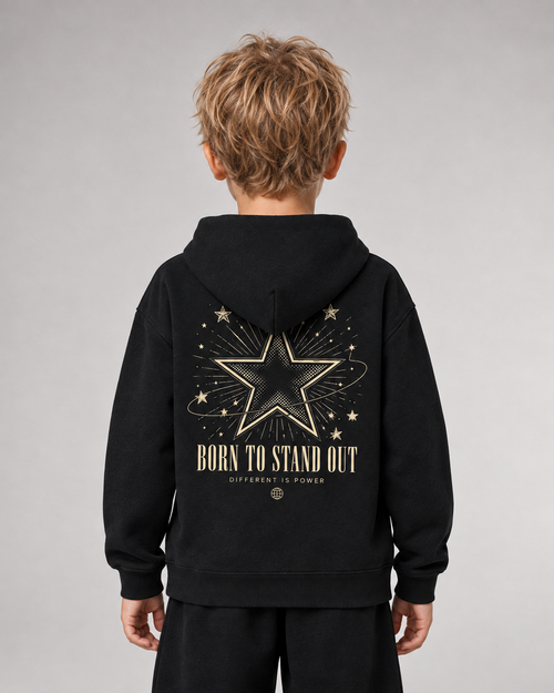 BORN TO STAND OUT Kids Hoodie Black – Rückenansicht getragen