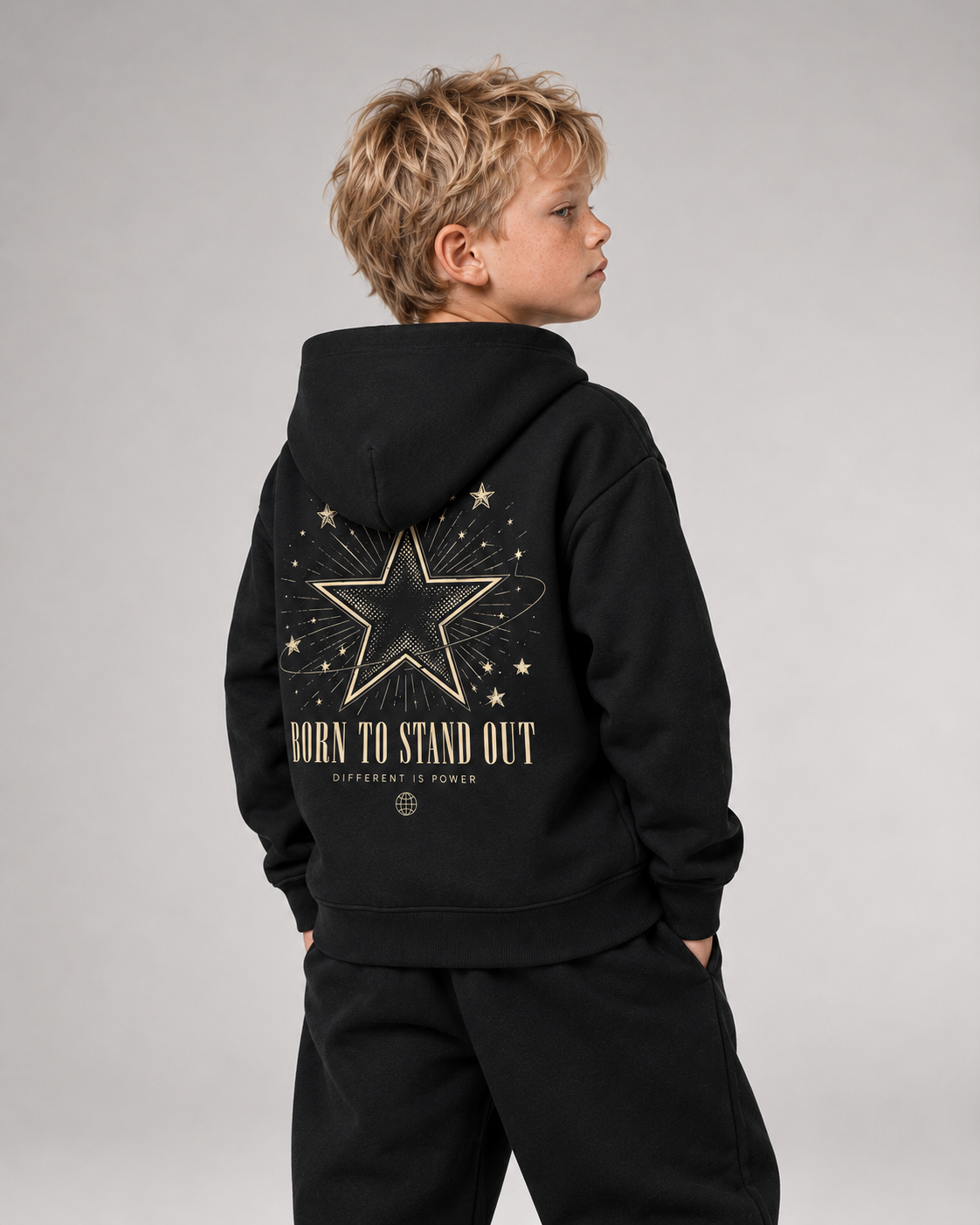 BORN TO STAND OUT Kids Hoodie Black – Dreiviertel-Rückenansicht getragen
