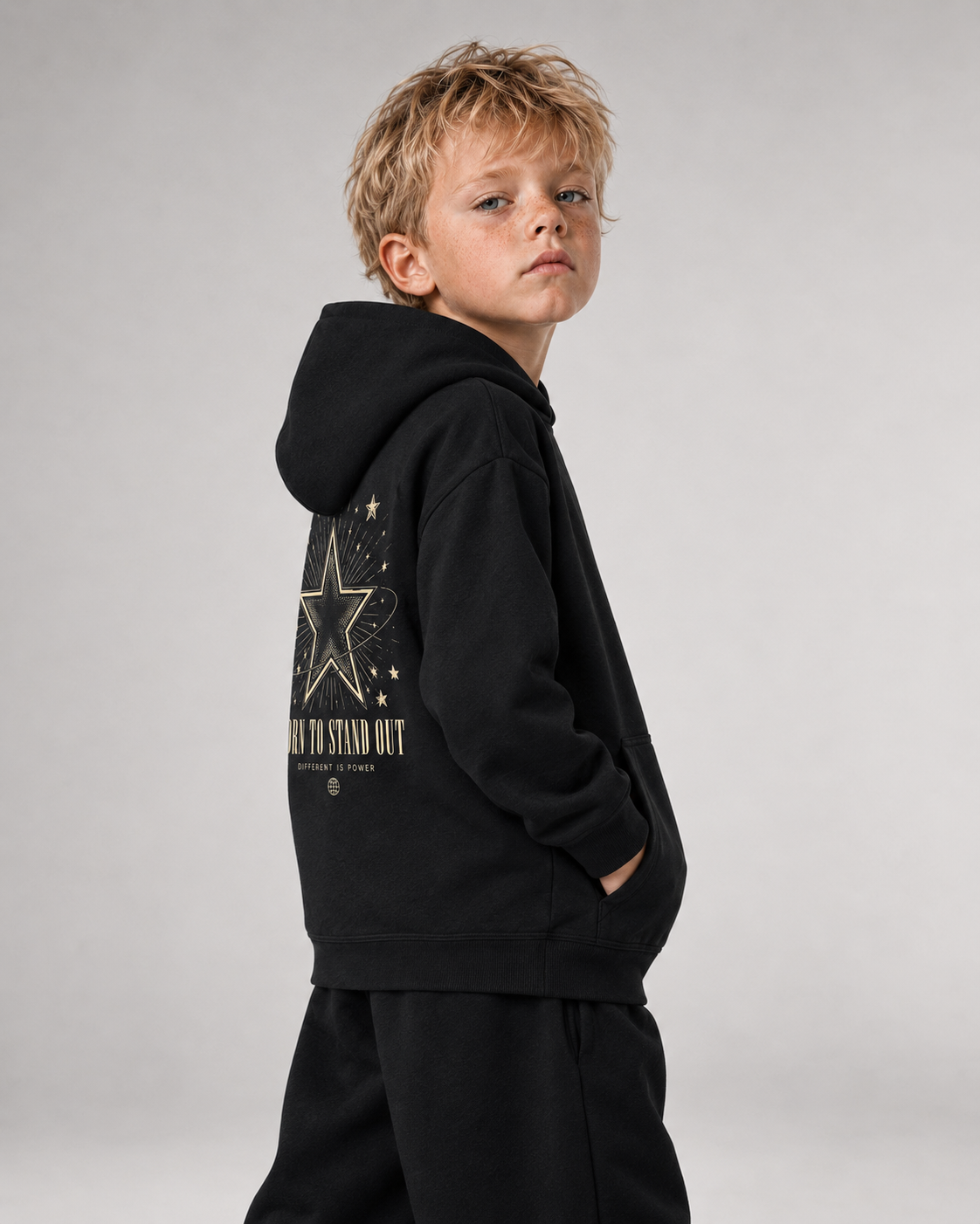 BORN TO STAND OUT Kids Hoodie Black – Seitenansicht und Passform