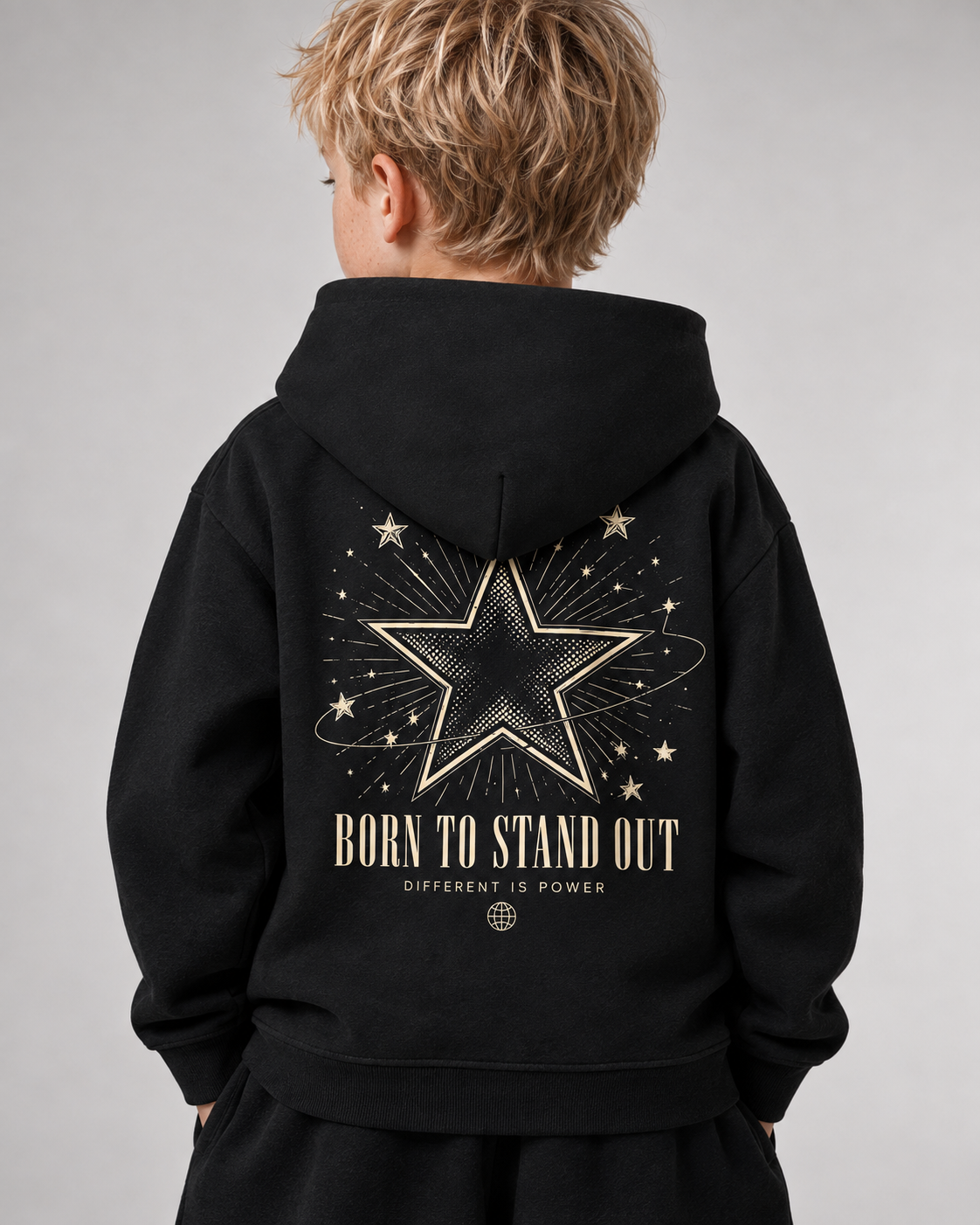 BORN TO STAND OUT Kids Hoodie Black – Printdetail getragen