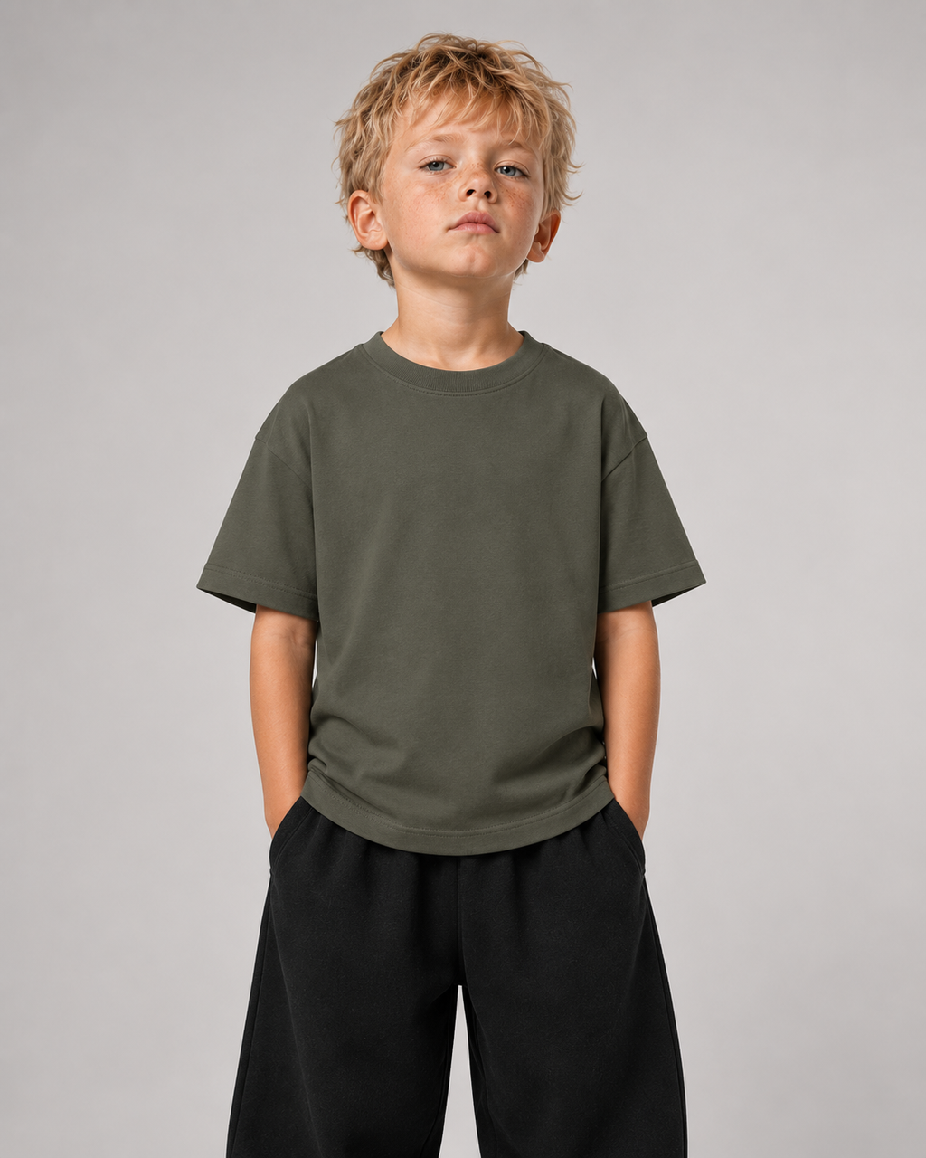 BORN TO STAND OUT Kids Shirt – Organic Khaki – Frontansicht Halfbody