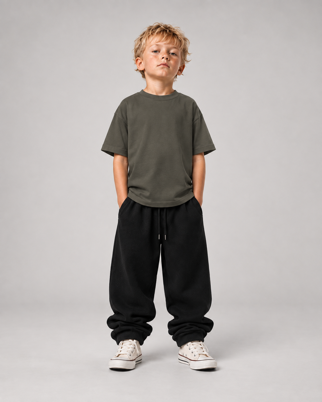 BORN TO STAND OUT Kids Shirt – Organic Khaki – Front Fullbody