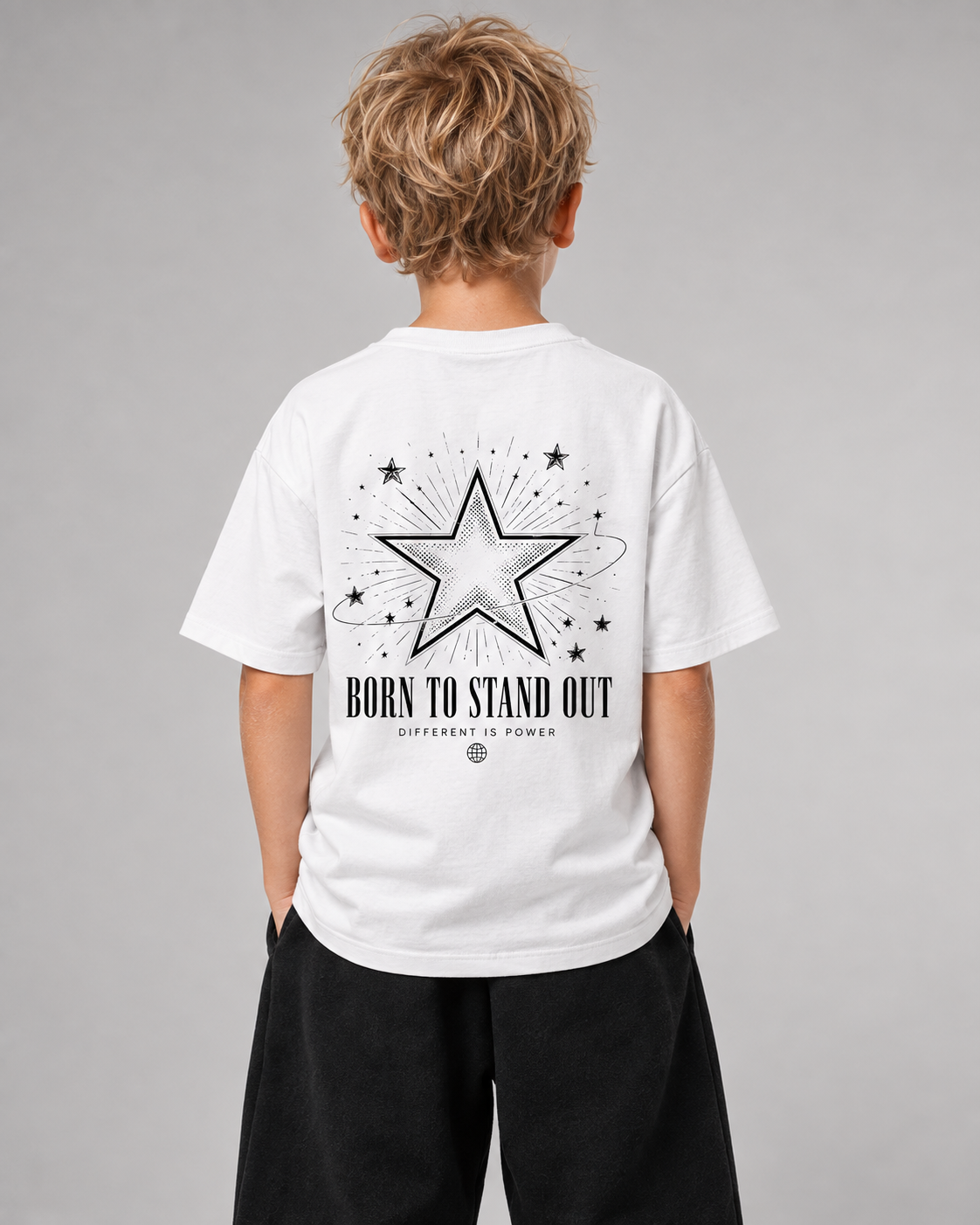 BORN TO STAND OUT Kids Shirt – White – Rückenansicht Halfbody