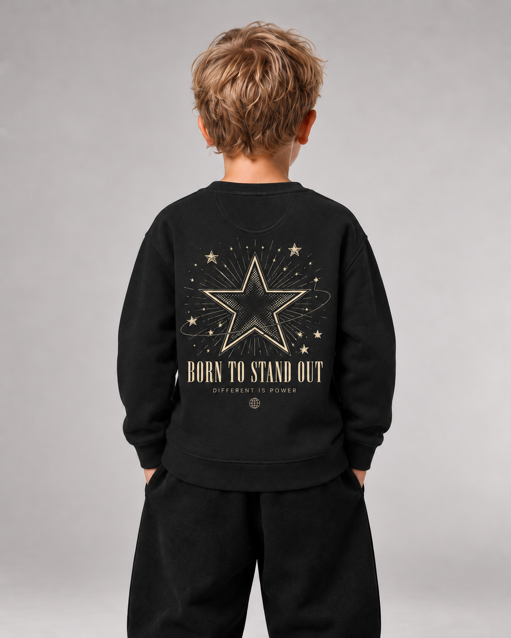 BORN TO STAND OUT Kids Sweater in Black – Rückansicht getragen