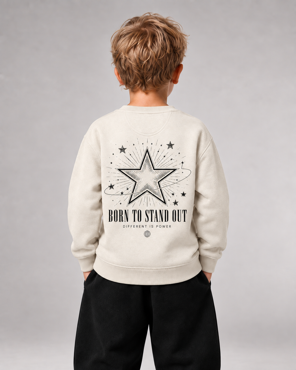 BORN TO STAND OUT Kids Sweater in Ivory – Rückansicht getragen