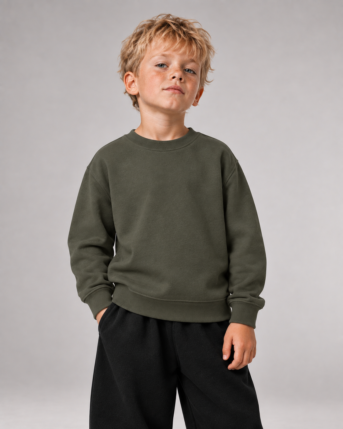 BORN TO STAND OUT Kids Sweater in Organic Khaki – Vorderansicht getragen