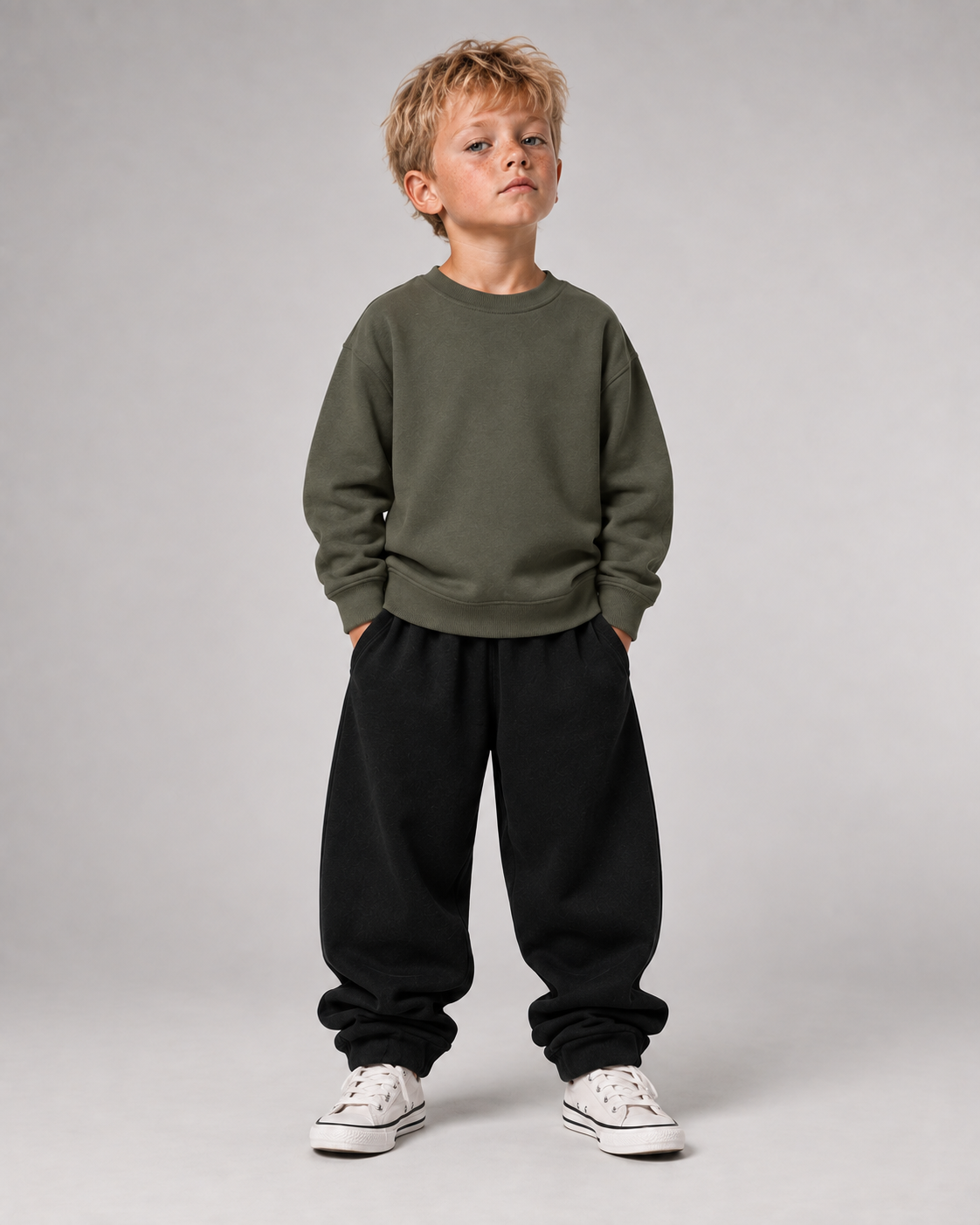 BORN TO STAND OUT Kids Sweater in Organic Khaki – Ganzkörper-Vorderansicht