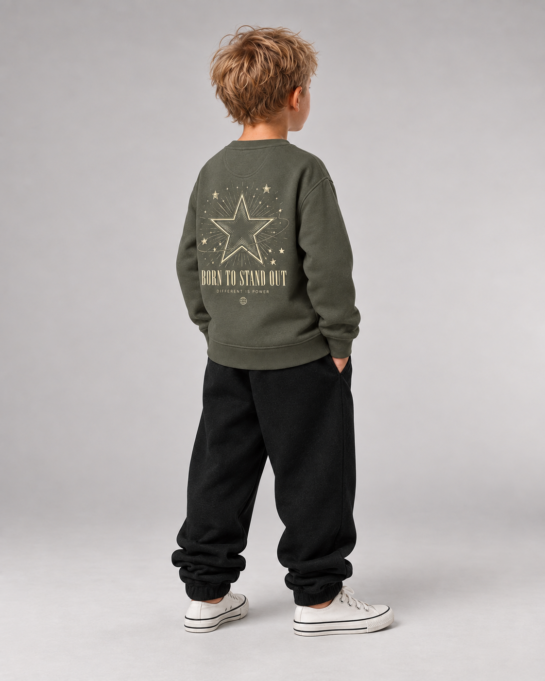 BORN TO STAND OUT Kids Sweater in Organic Khaki – Ganzkörper-Dreiviertel-Rückansicht