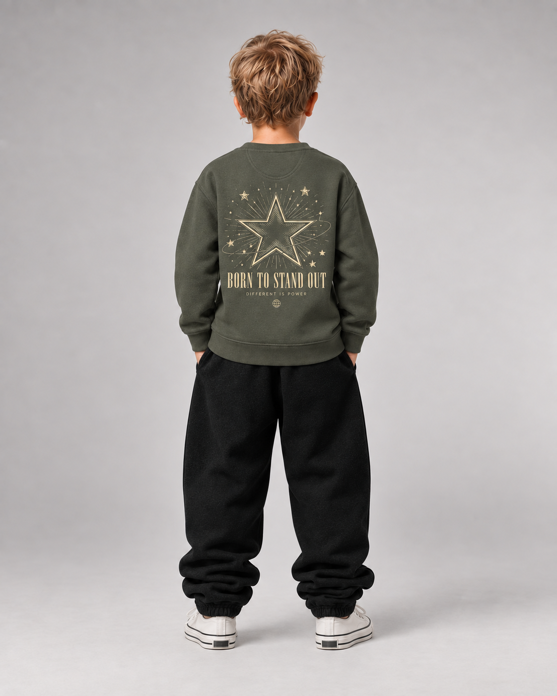 BORN TO STAND OUT Kids Sweater in Organic Khaki – Ganzkörper-Rückansicht