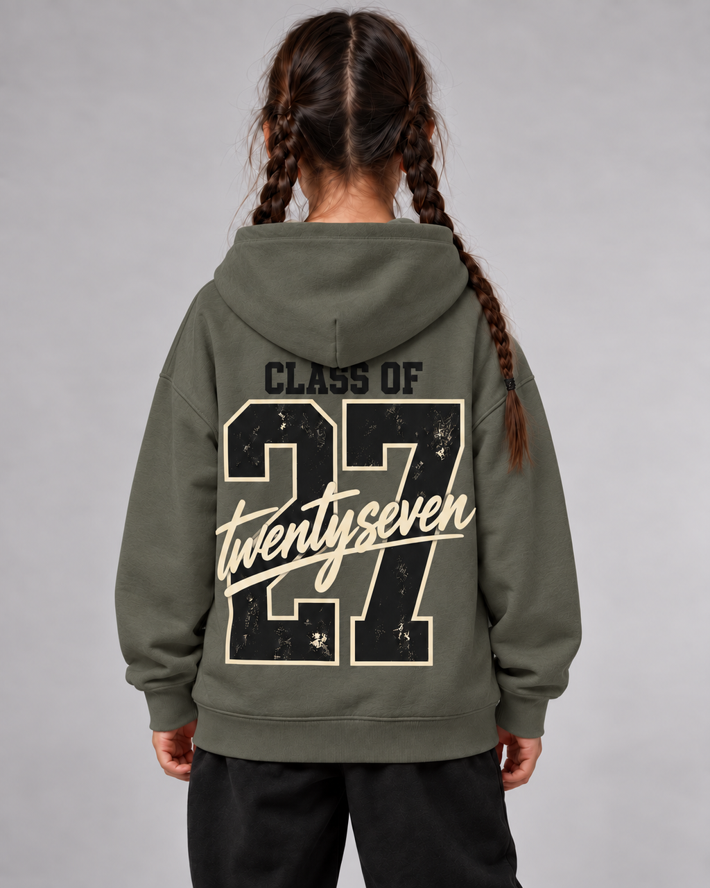 CLASS OF 27 Kids Hoodie – Organic Khaki – Rückenansicht Halfbody
