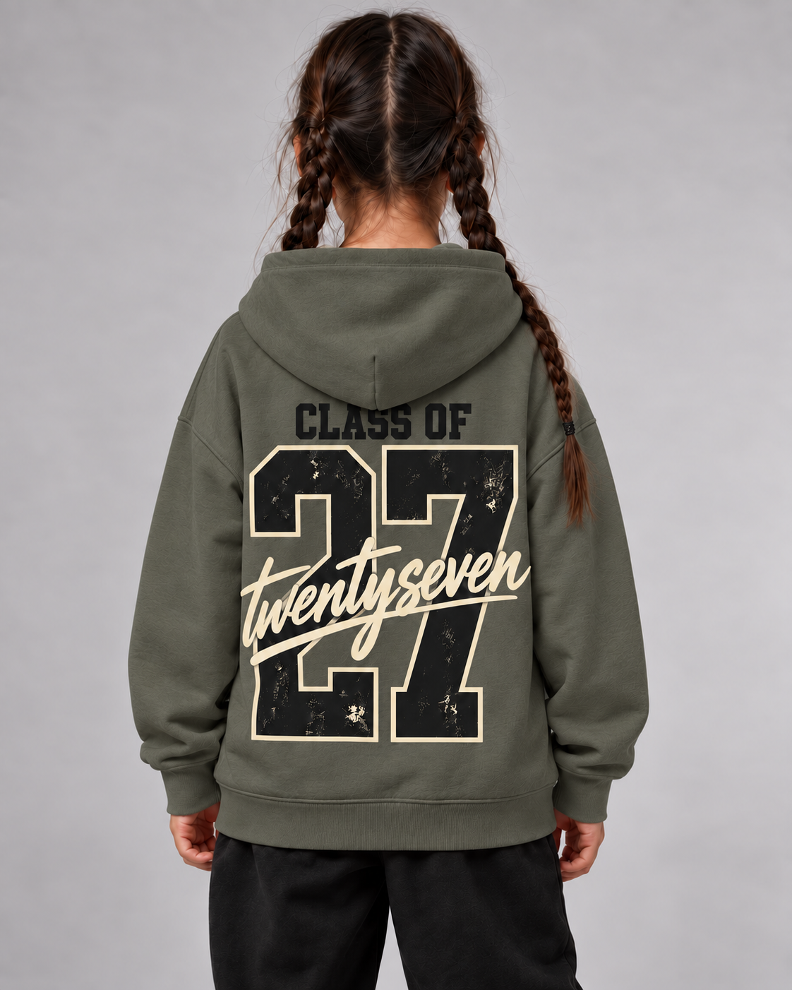 CLASS OF 27 Kids Hoodie – Organic Khaki – Rückenansicht Halfbody
