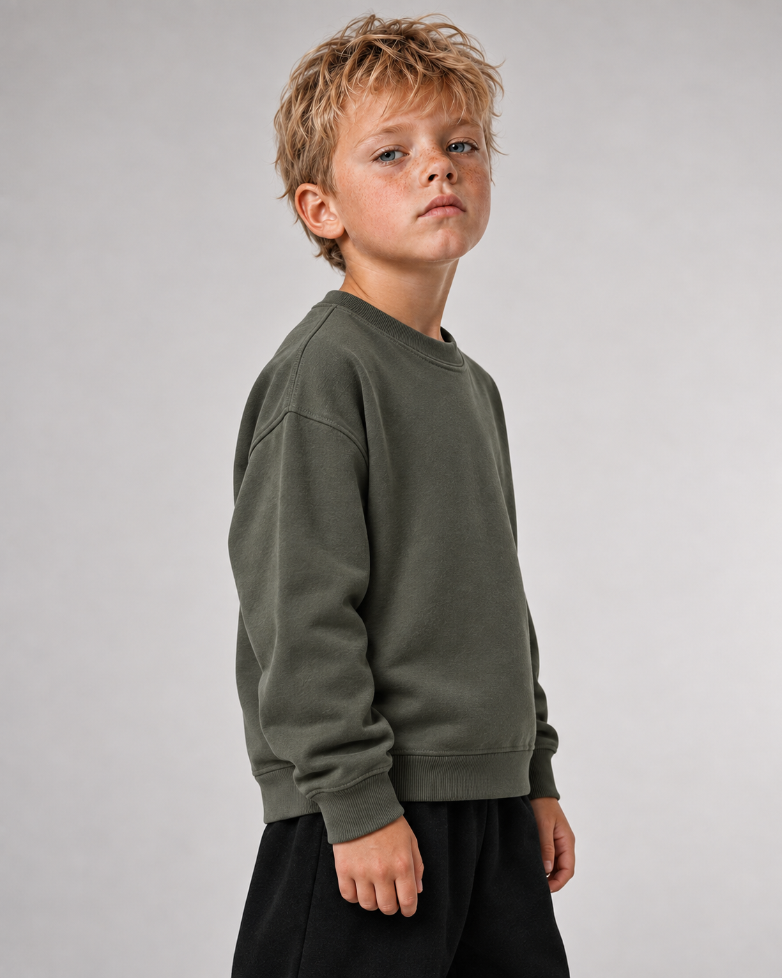 CLASS OF 27 Kids Sweater – Organic Khaki – Seitenansicht Fit