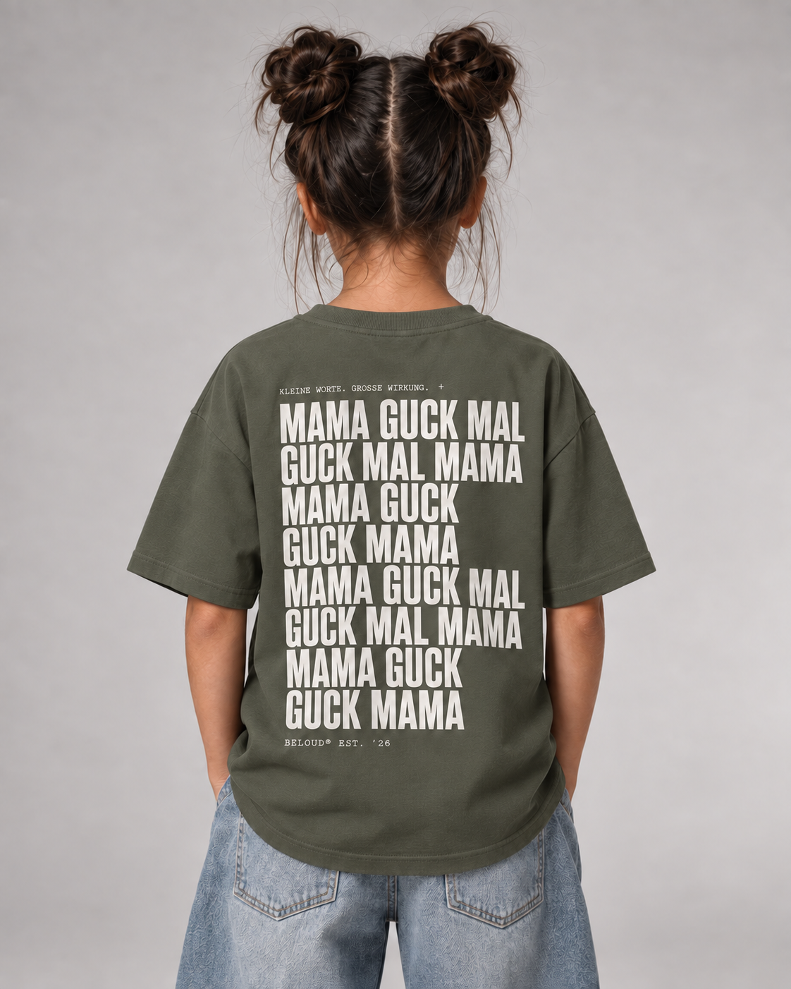 GUCK MAL MAMA Kids Shirt Organic Khaki – Rückenansicht Halfbody