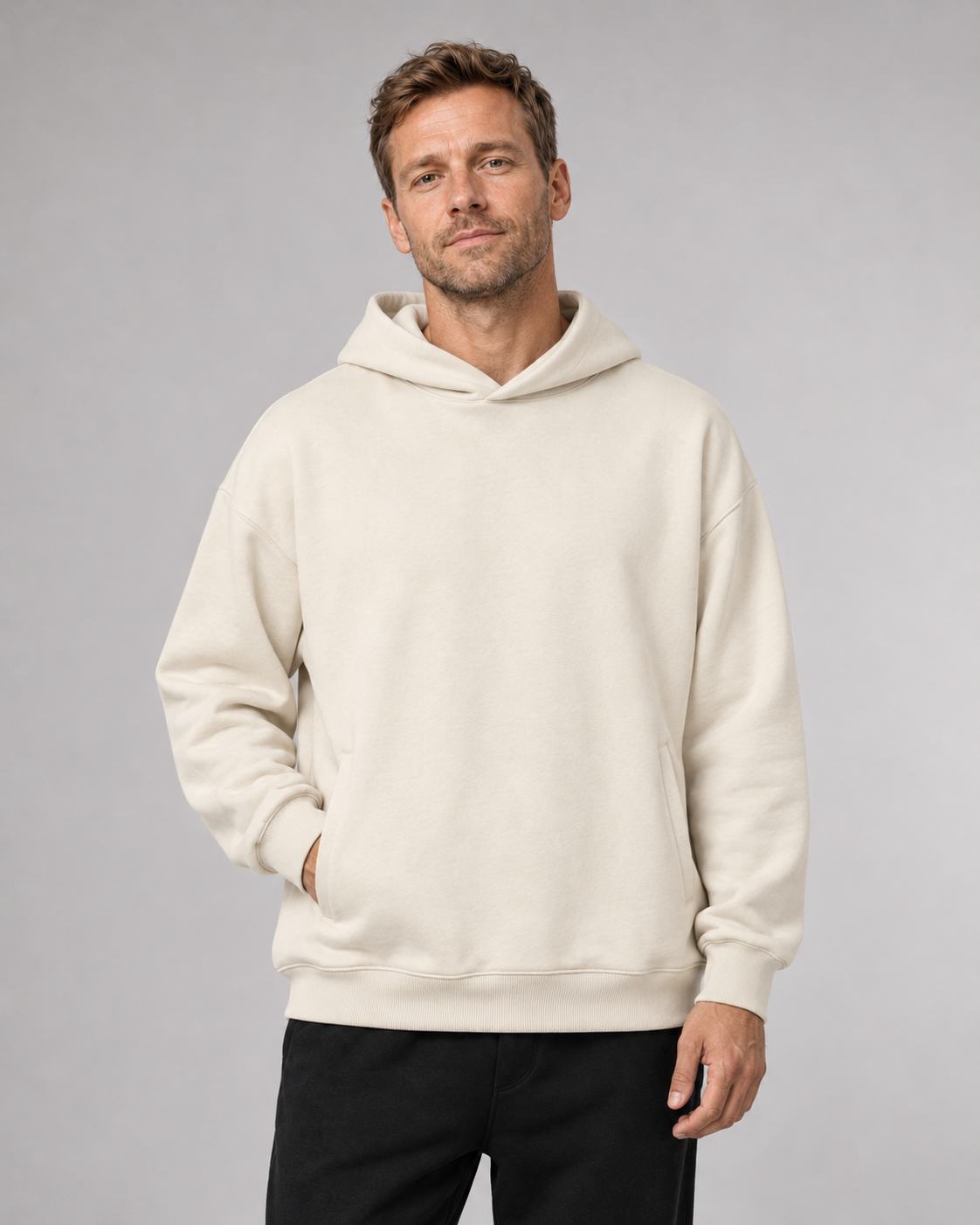 GUCK MAL PAPA Eltern Oversize Hoodie – Ivory – Frontansicht Halfbody
