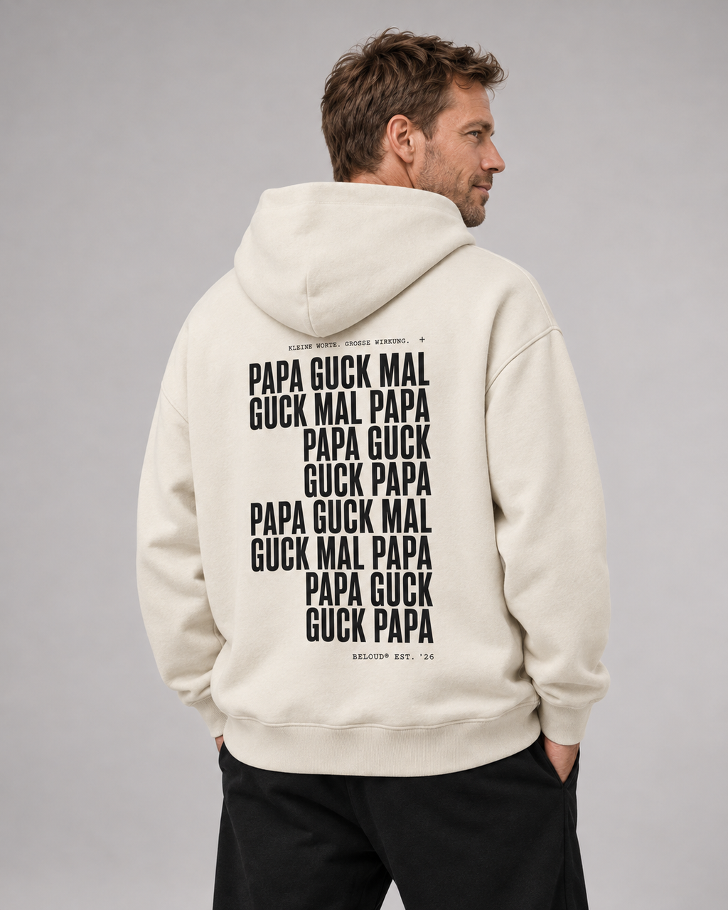 GUCK MAL PAPA Eltern Oversize Hoodie – Ivory – Dreiviertel-Rückenansicht