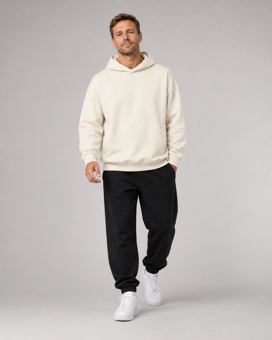 GUCK MAL PAPA Eltern Oversize Hoodie – Ivory – Frontansicht Fullbody