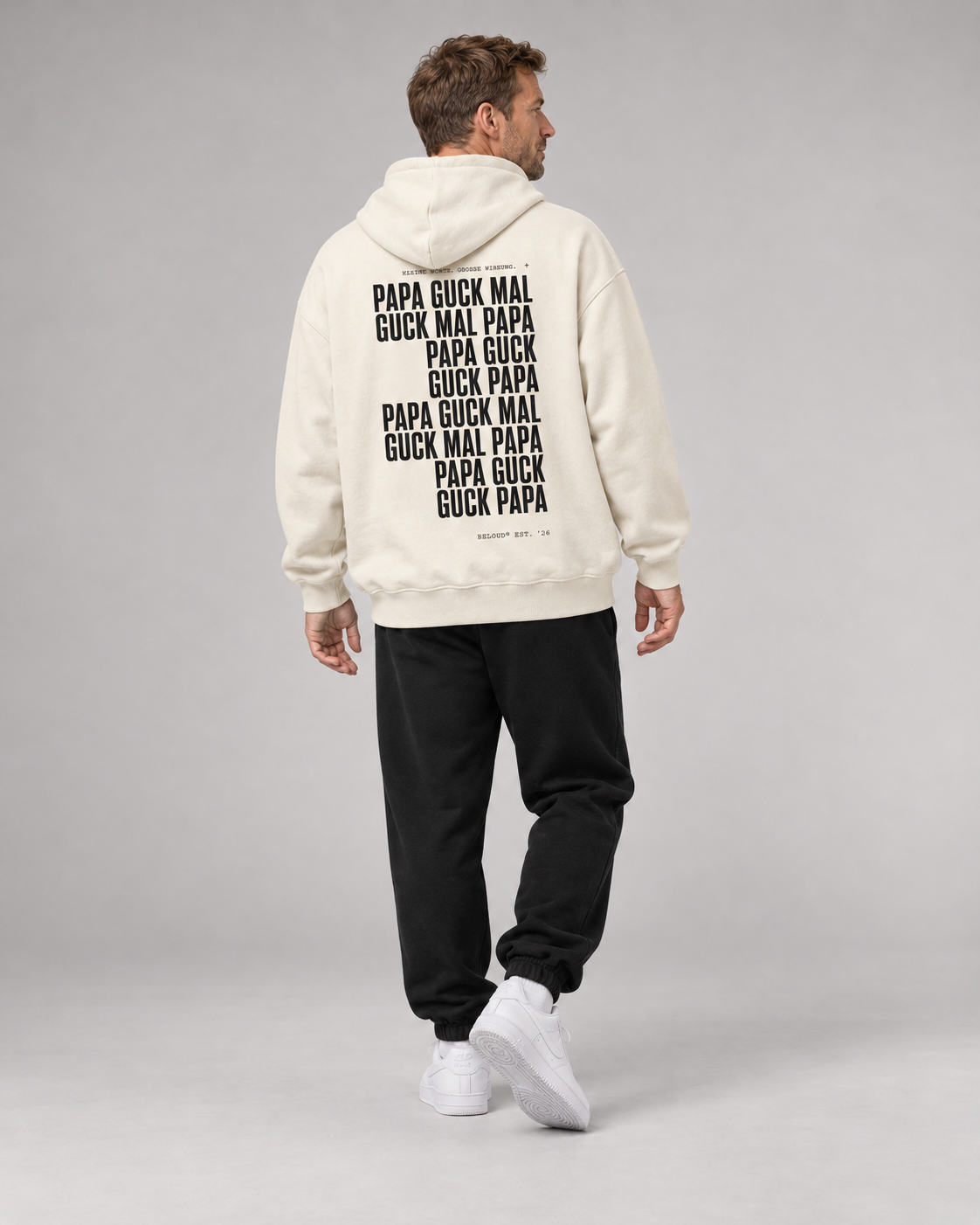 GUCK MAL PAPA Eltern Oversize Hoodie – Ivory – Dreiviertel-Rückenansicht Fullbody