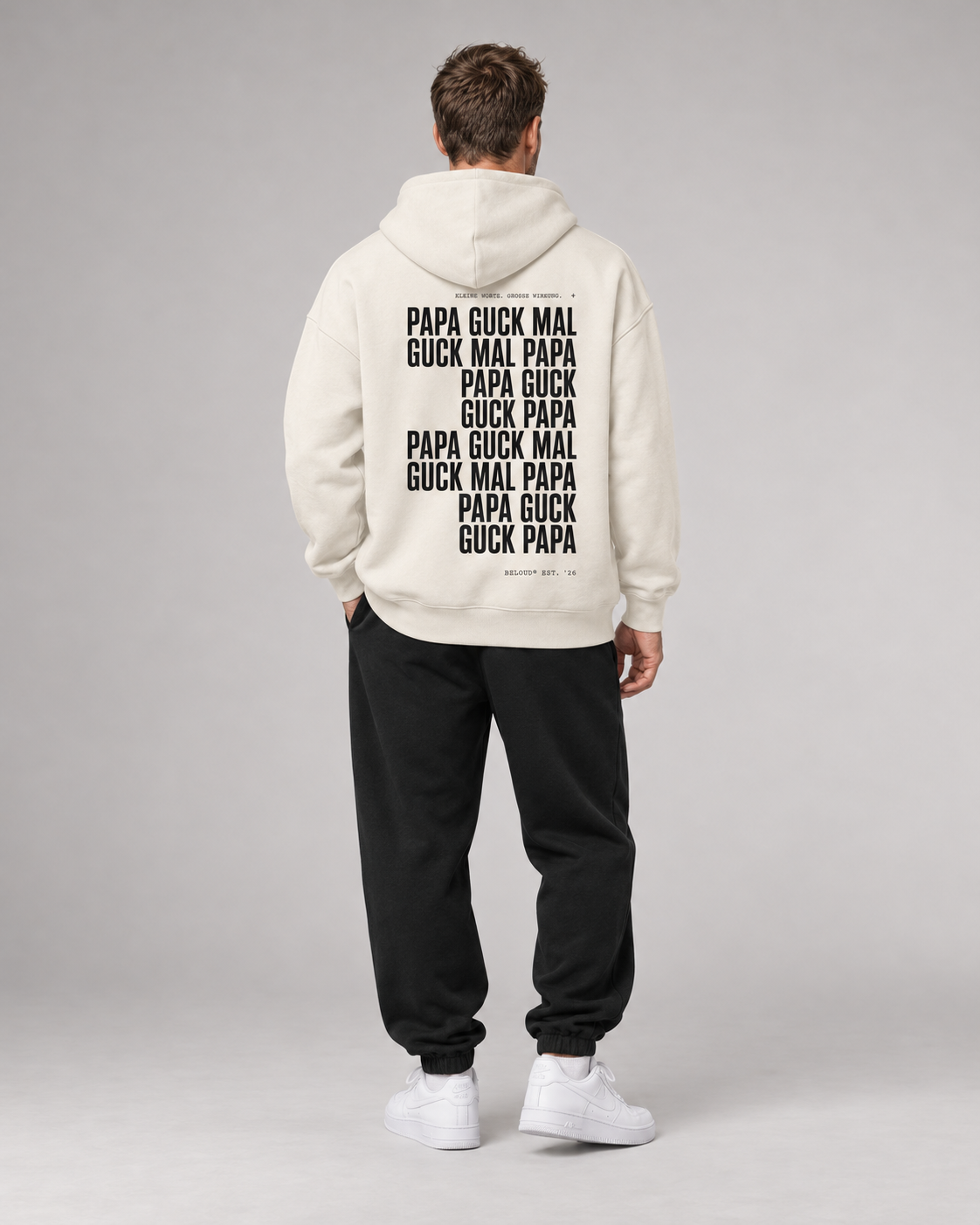 GUCK MAL PAPA Eltern Oversize Hoodie – Ivory – Rückenansicht Fullbody