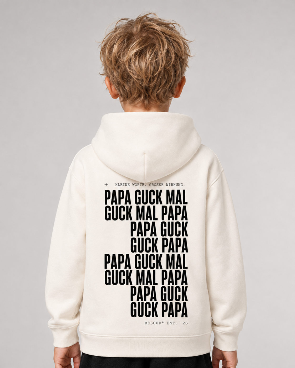 GUCK MAL PAPA Kids Hoodie in Ivory – Rückenansicht getragen, halbe Figur