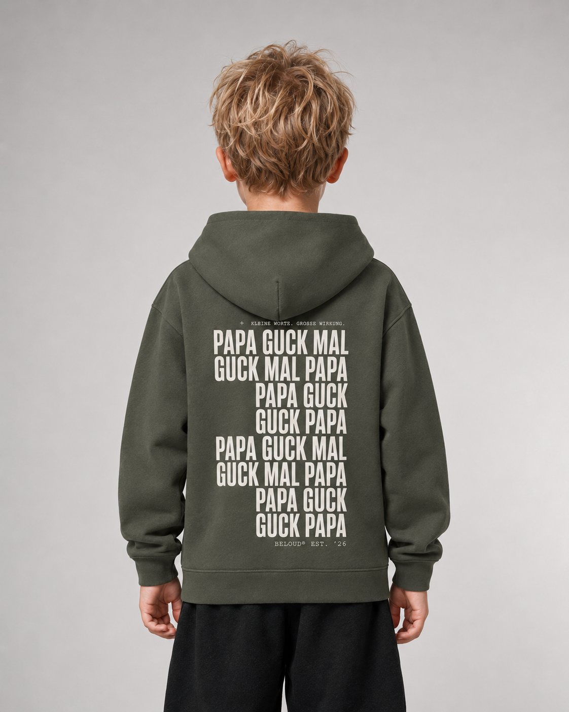 GUCK MAL PAPA Kids Hoodie in Organic Khaki – Rückenansicht getragen, halbe Figur