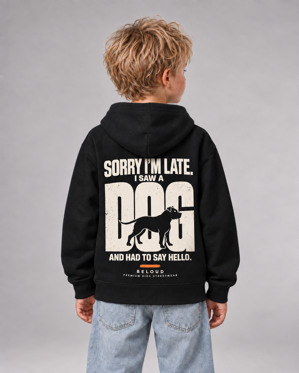 I SAW A DOG Kids Hoodie – Black – Rückenansicht Halfbody