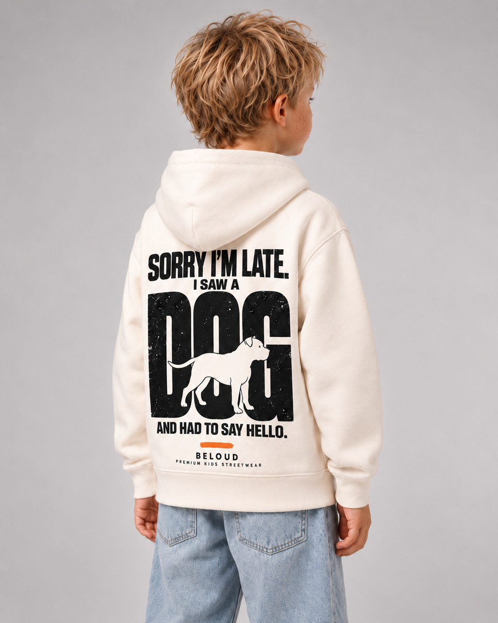 I SAW A DOG Kids Hoodie – Ivory – Dreiviertel-Rückenansicht