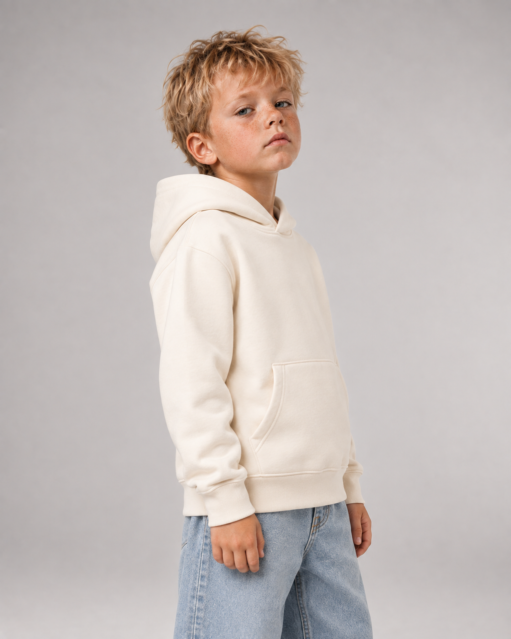 I SAW A DOG Kids Hoodie – Ivory – Seitenansicht Fit