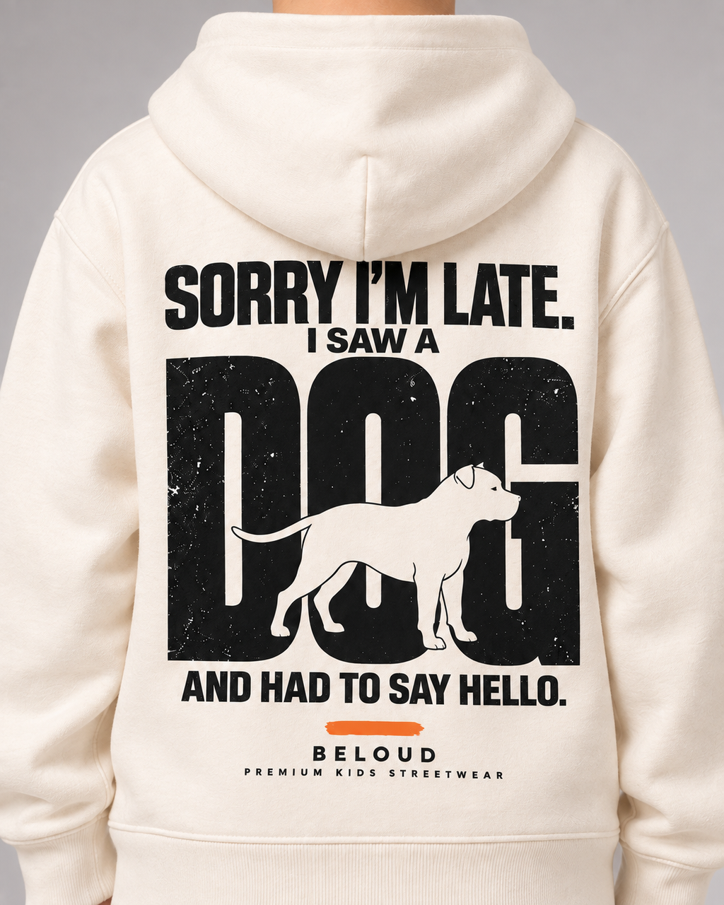 I SAW A DOG Kids Hoodie – Ivory – getragenes Printdetail