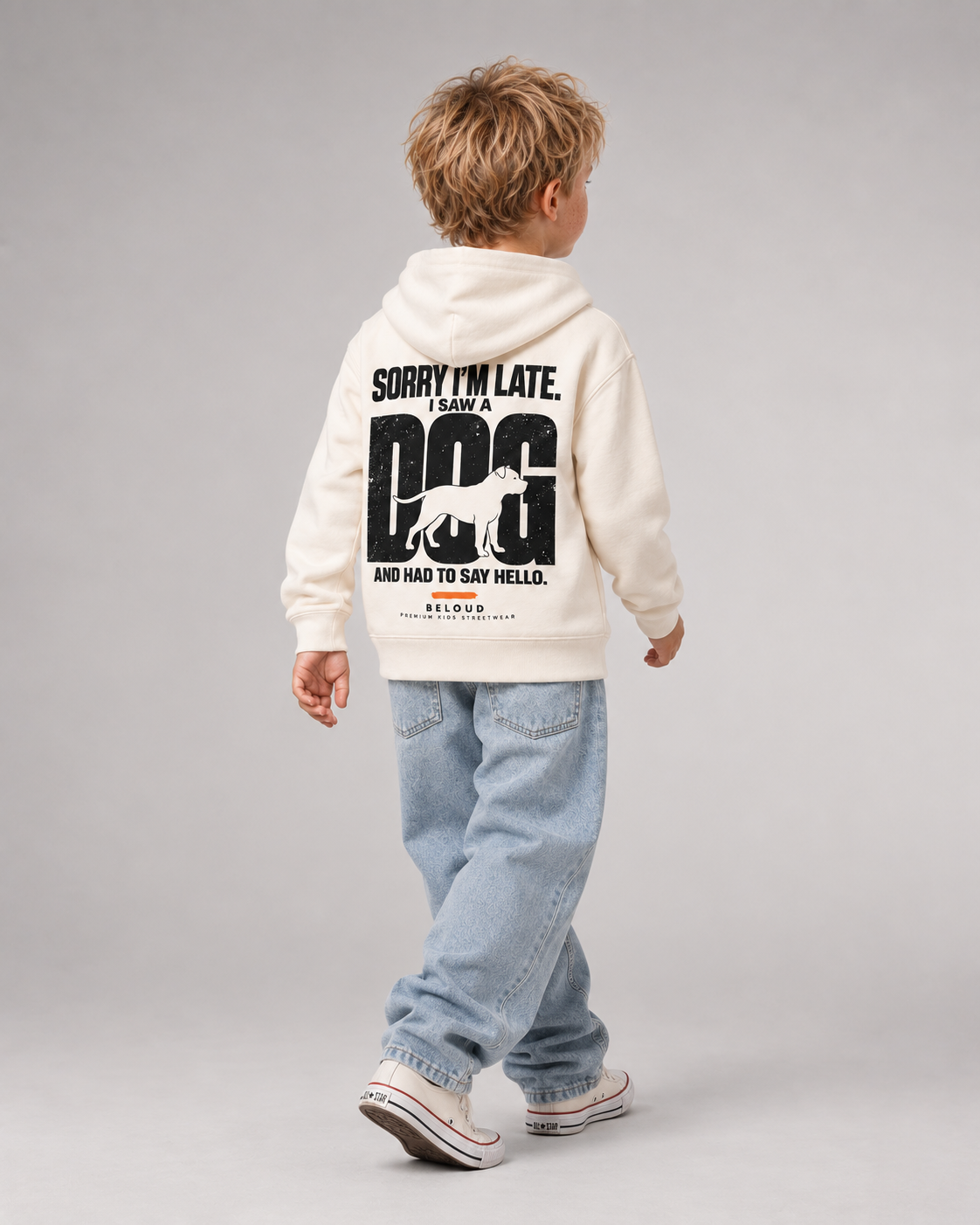 I SAW A DOG Kids Hoodie – Ivory – Dreiviertel-Rückenansicht Fullbody