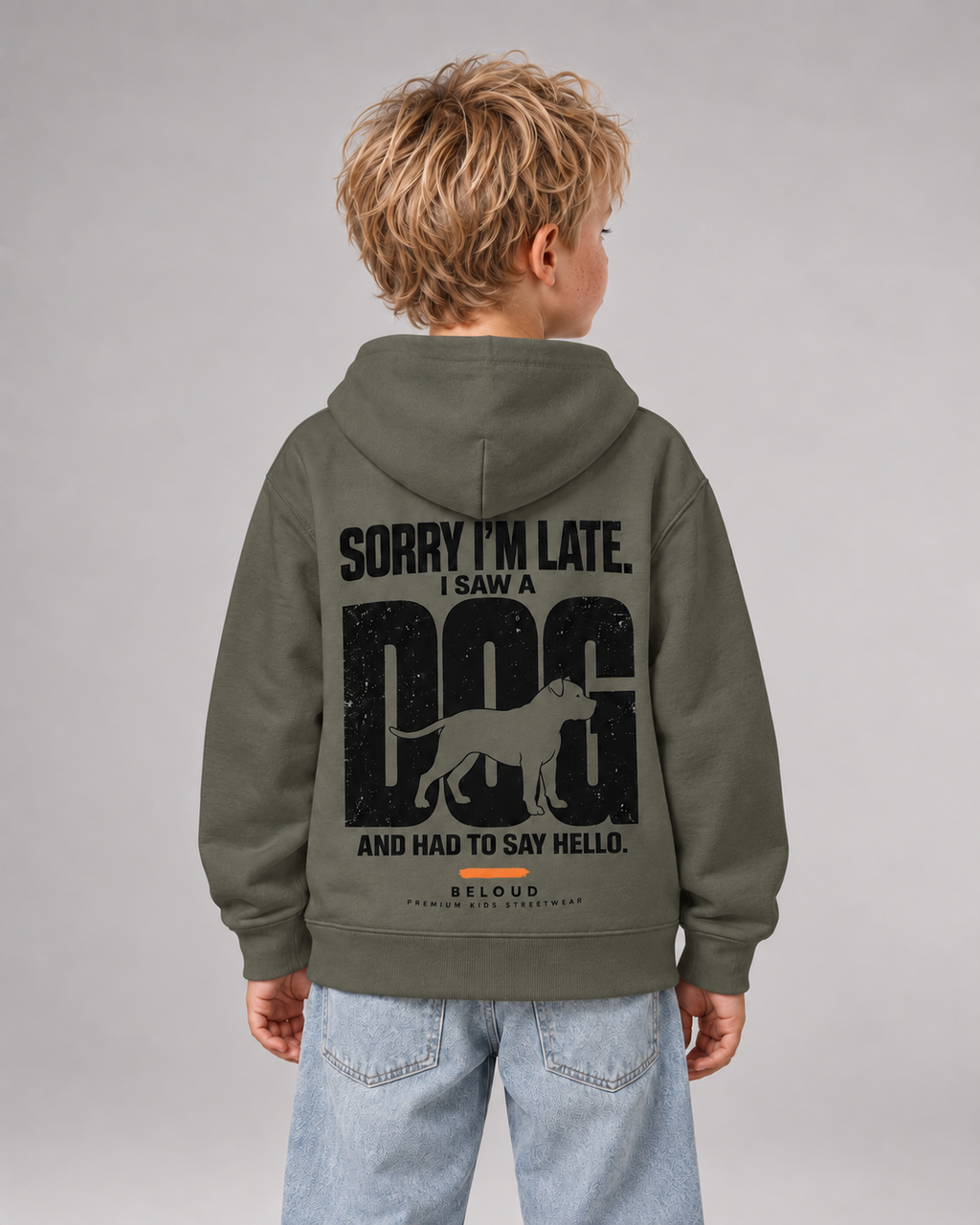 I SAW A DOG Kids Hoodie – Organic Khaki – Rückenansicht Halfbody
