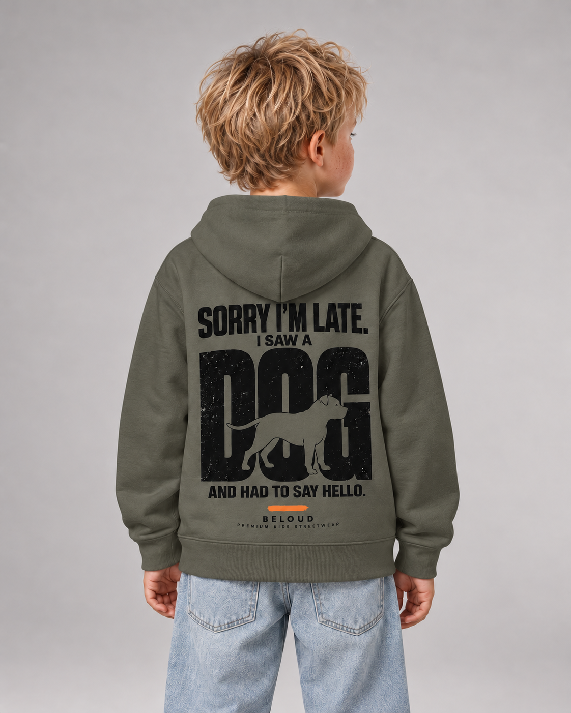 I SAW A DOG Kids Hoodie – Organic Khaki – Rückenansicht Halfbody