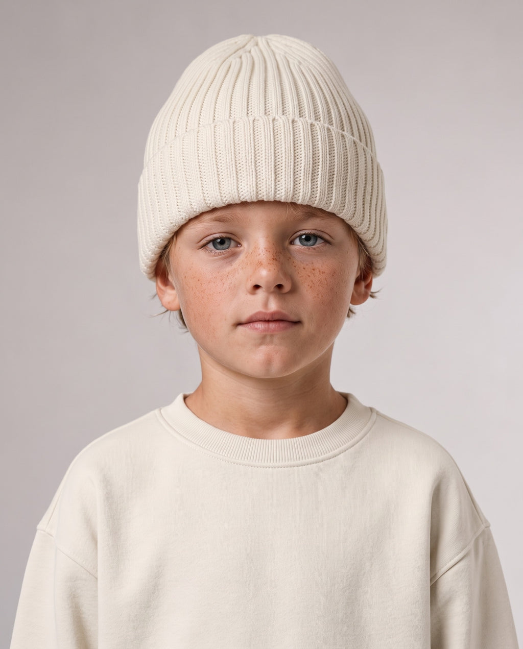BELOUD Kids Beanie aus Bio-Baumwolle in Almond – getragen, Upper Body von vorn